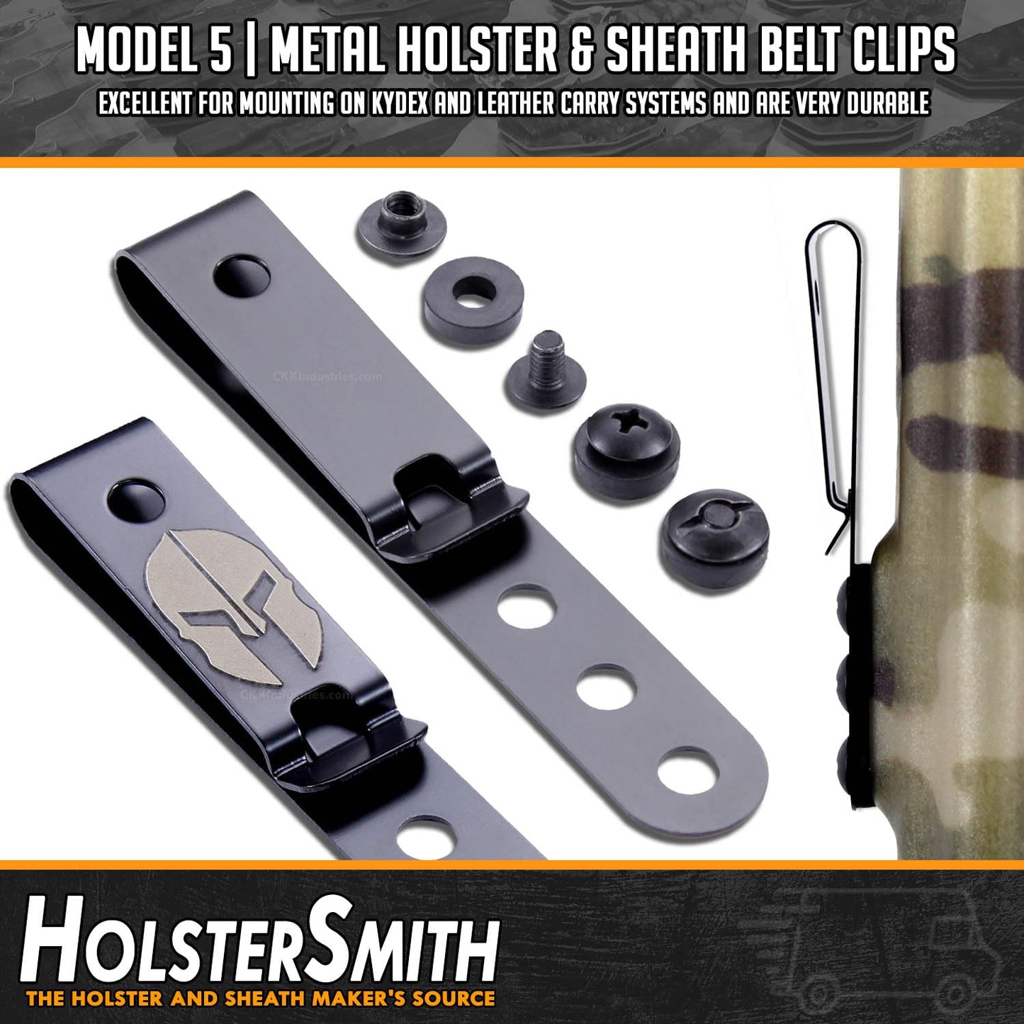 HolsterSmith Universal Metal Belt Clip for Holster Making - (Model 5) - (3-Hole) - (Tactical Black) - (w/Don’t Tread On Me Engraving) - (1 Pack)