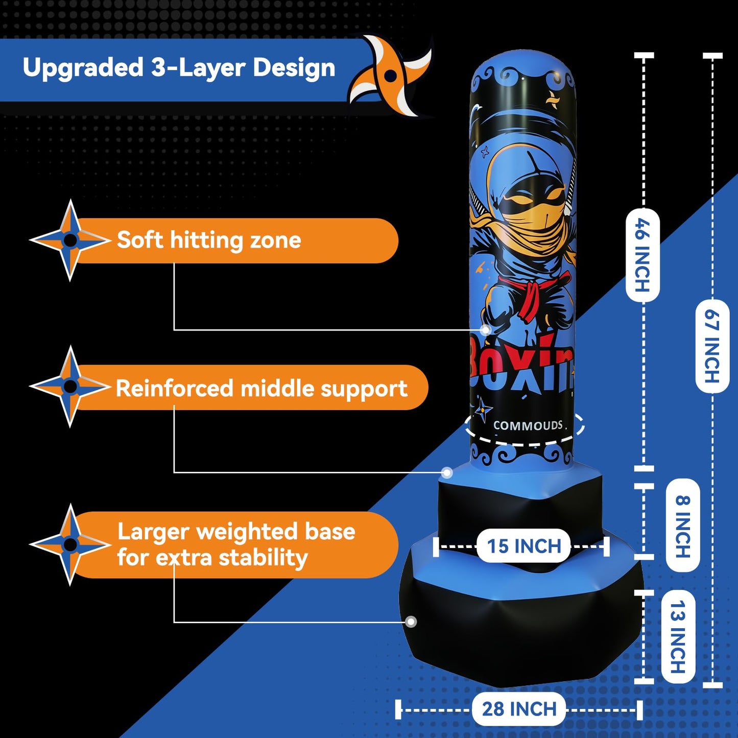COMMOUDS 67inch Punching Bag for Kids, Inflatable Kids Boxing Set with Gloves, Fast Rebound Punching Bag for Practicing Karate, Taekwondo, MMA, Christmas/Birthday Gift for Boys Girls, Ages 6-14 (Blue)