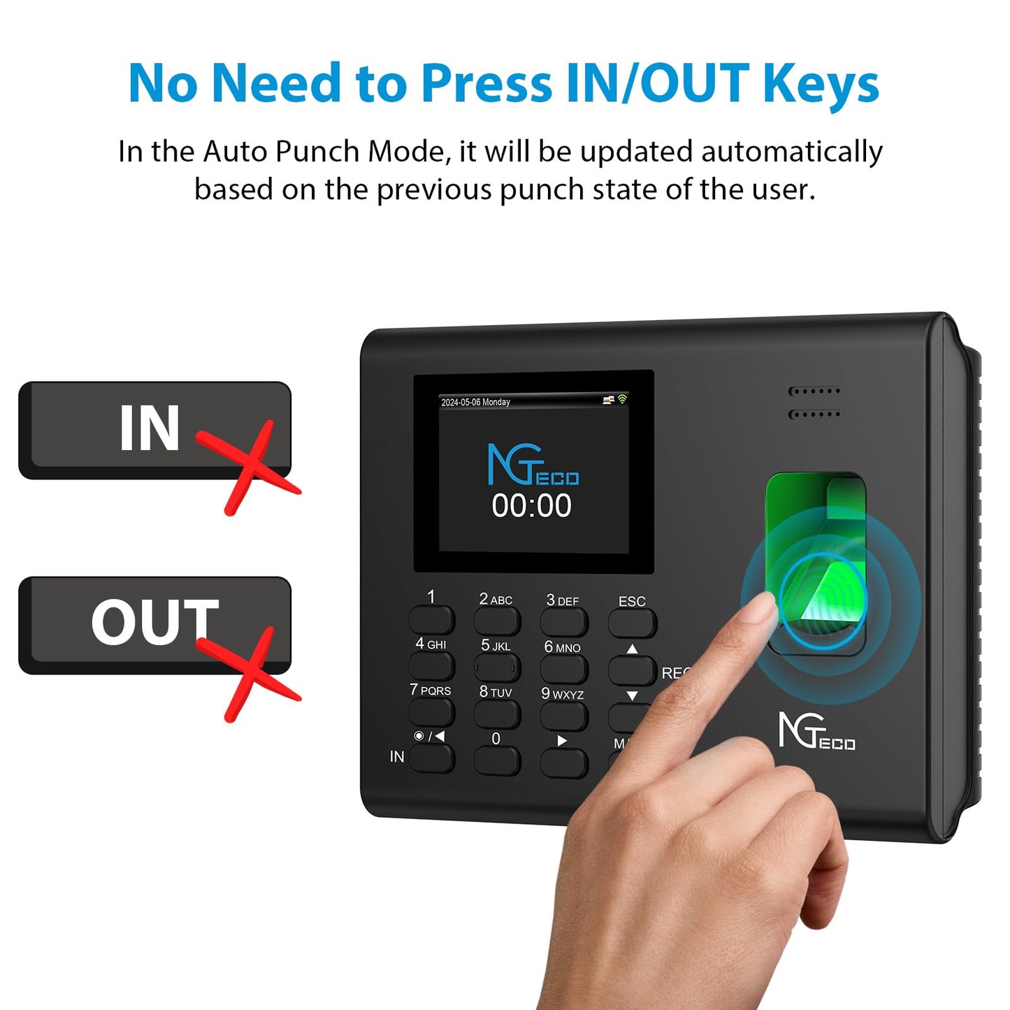 NGTeco APP-Based Time Clock for Employees Small Business, Automatic Fingerprint Clock in and Out Machine with 2000mAh Battery, 2.4GHz WiFi, iOS&Android, No Monthly Fee
