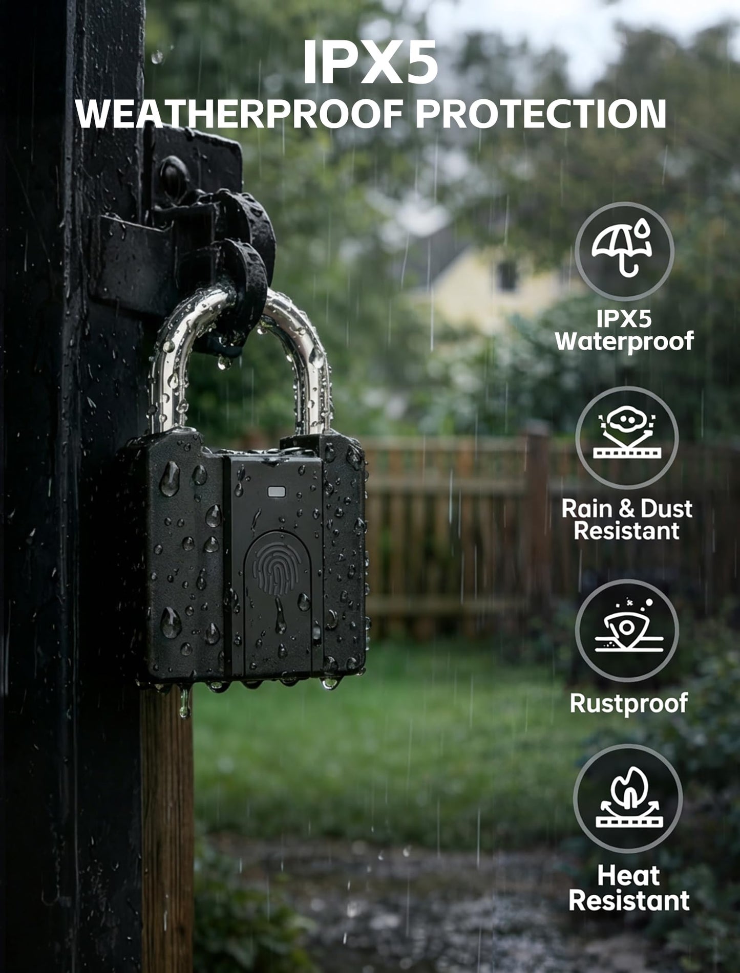 Smart Fingerprint Padlock with Key Backup, Stores 20 Prints, IPX5 Waterproof, Keyless Lock with CR2032 Battery for Gym Locker, Gate, Fence & Shed (Black)