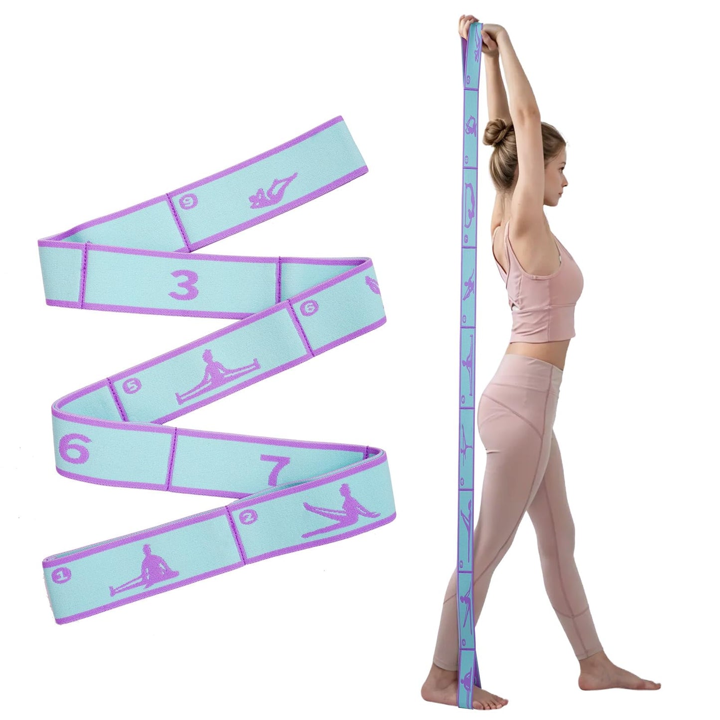 Yoga Strap with 9 Loops, Elastic Stretching Band for Pilates, Dance, Ballet & Flexibility Training, Pose Guide Pattern for Beginners, Adjustable Stretch Strap for Hamstring, Leg & Back Stretch (Blue)
