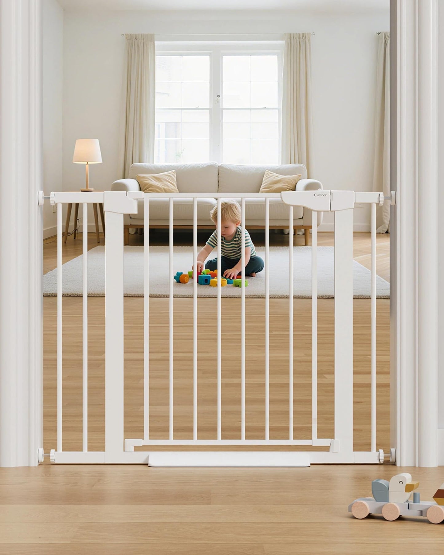Cumbor 29.7-40.6" Baby Gate for Stairs, Mom's Choice Awards Winner-Dog Gate for Doorways, Pressure Mounted Auto-Close Pet Gates for Dogs Indoor, Safety Child Gate with Easy Walk Thru Door, White