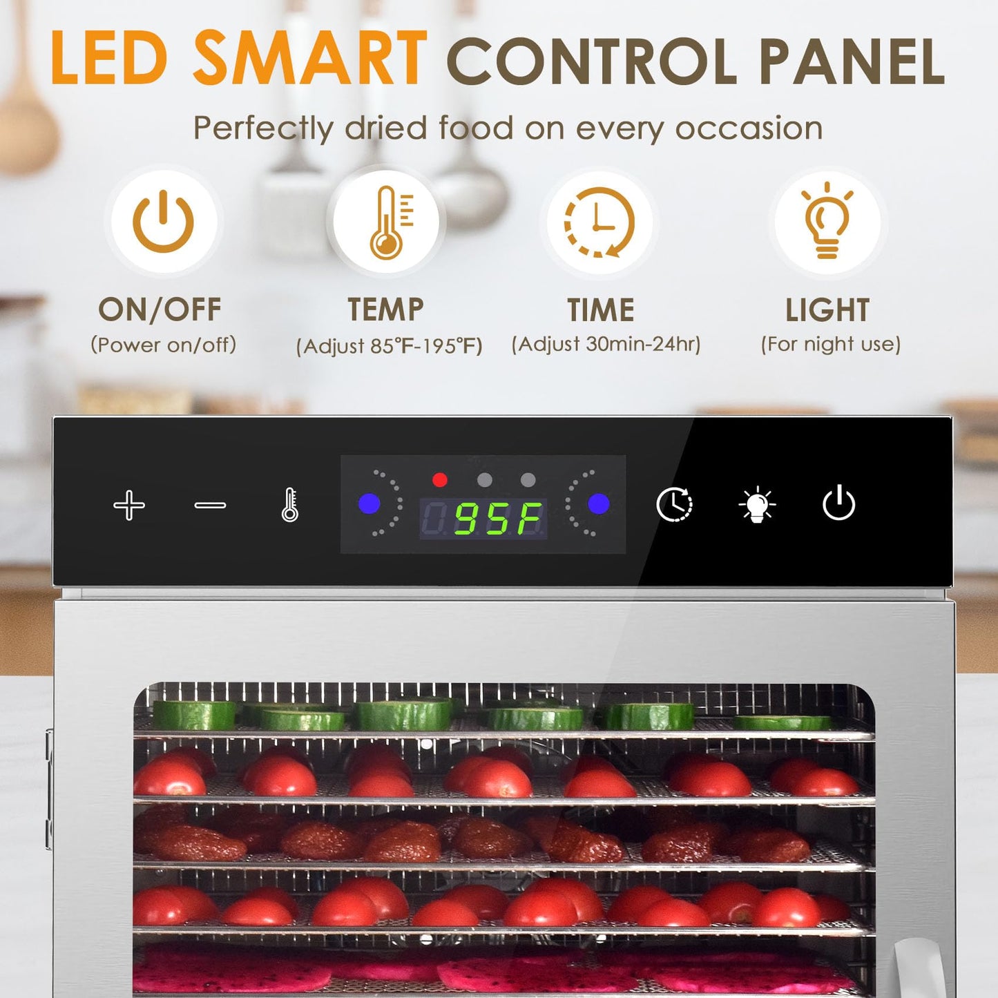 HOPERAN Food Dehydrator Machine with 12 Stainless Steel Trays – Digital Timer & Adjustable Temp Control for Jerky, Herbs, Fruits | Overheat Protection, BPA-Free, Includes Recipe Book
