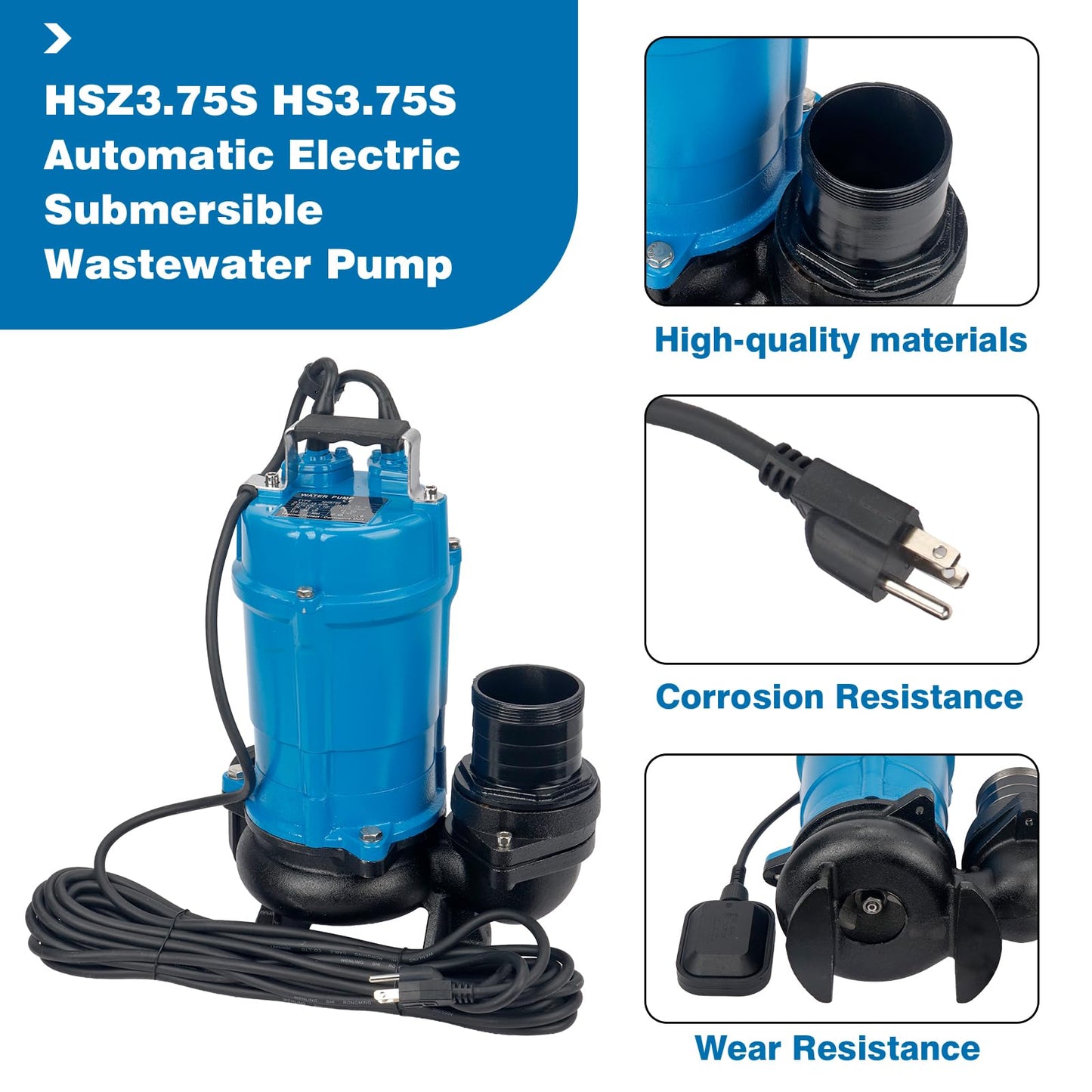 HS3.75S/HSZ3.75S Automatic Electric Submersible Wastewater Trash Pump, 1 HP 115V, Replacement for Tsurumi HS3.75S-62, 61 GPM 3660 GPH, 3'' Straight Male NPT Connection