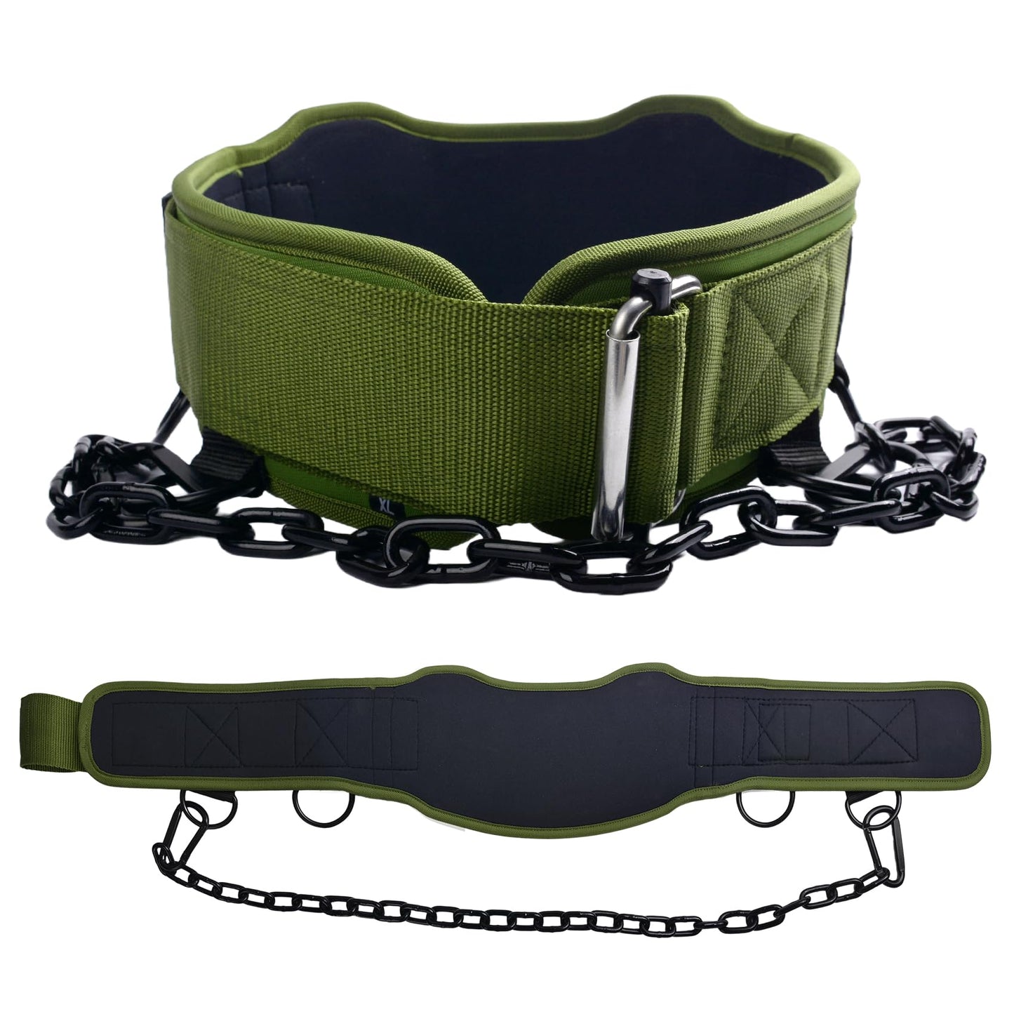 2-in-1 Weightlifting Belt & Dip Belt with 41 IN Steel Chain for Pull Up,Added Weight Training (Military Green, L(35"-39"))