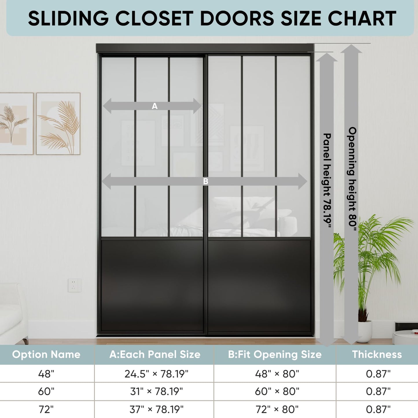 JUBEST Sliding Closet Door 48 x 80", Black Farmhouse Sliding Door with Top & Bottom Track Kits, Preassembled Frosted Glass Bypass Closet Door, Easy to Install