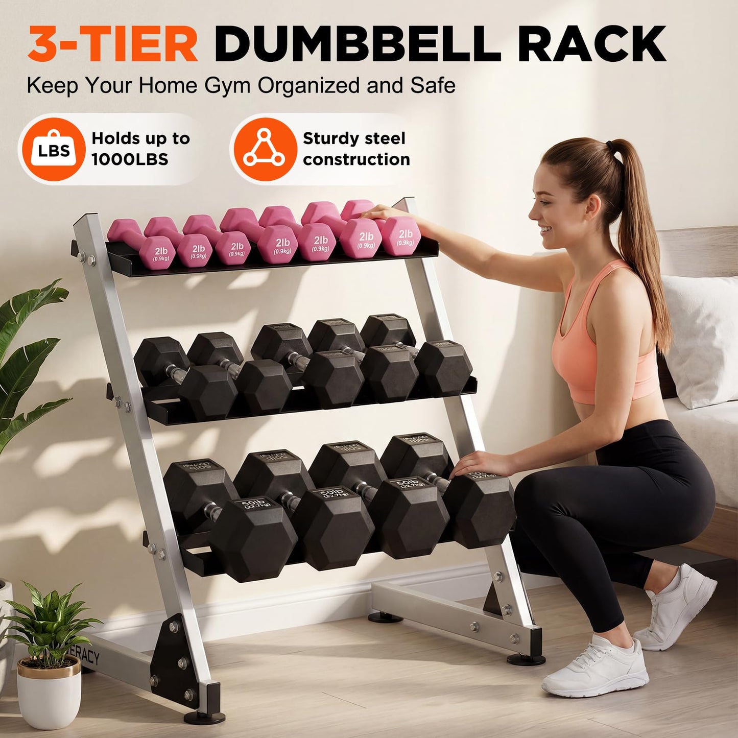 DERACY Dumbbell Rack, 3-Tier Dumbbell Weight Rack for Home Gym, Dumbbell Set Organizer for Dumbbell Kettlebell Barbell, Heavy Duty Weight Storage Rack, Dumbbell Stand Only