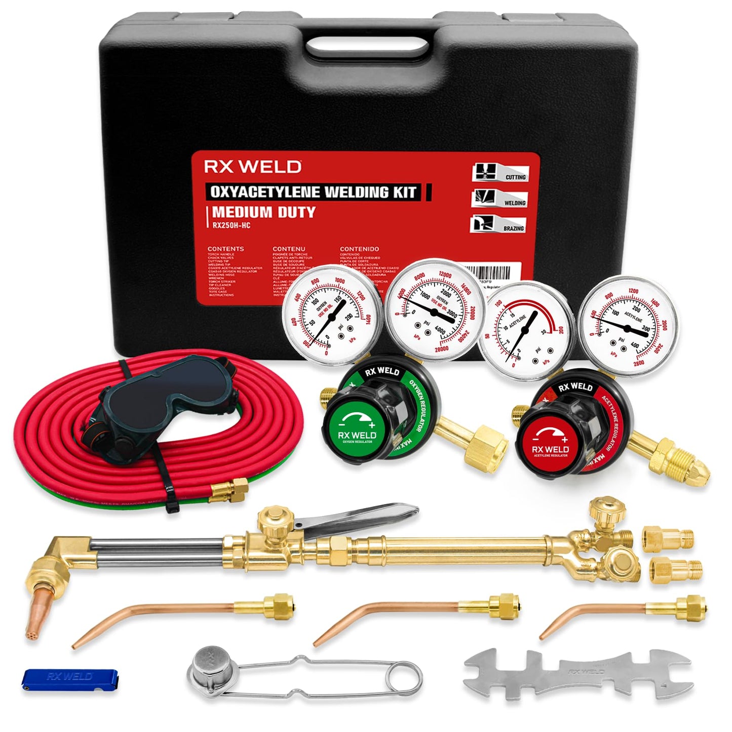 RX WELD Medium Duty Torch Kit with Check Valves - Oxy Acetylene Cutting, Welding & Brazing Tool Set (CGA540/CGA510)