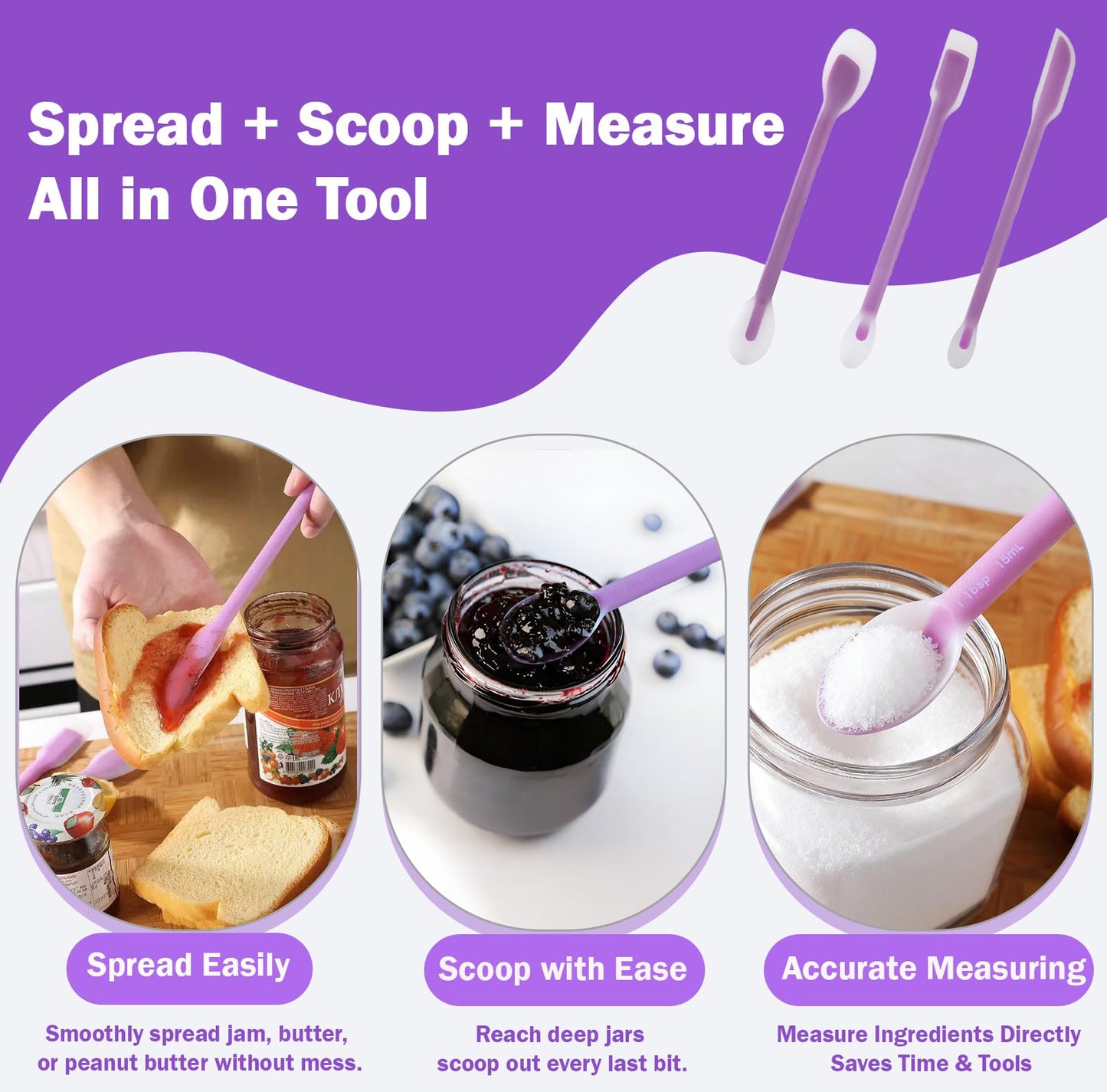 Silicone Dual-Ended Spatula Spoon Set of 3 – Long Handle Jar Scraper & Measuring Spoon with Scale (1 Tbsp, 1 Tsp, 1/2 Tsp) – for Jam, Baking, Cooking, Peanut Butter (purple)