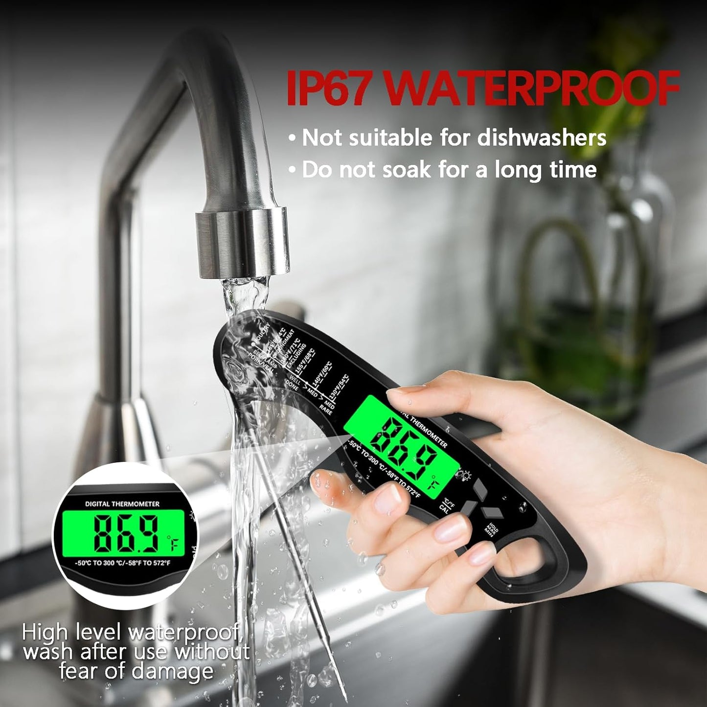 Skiennix Digital Meat Thermometer - IP67 Waterproof Cooking Thermometer with Backlight & Calibration