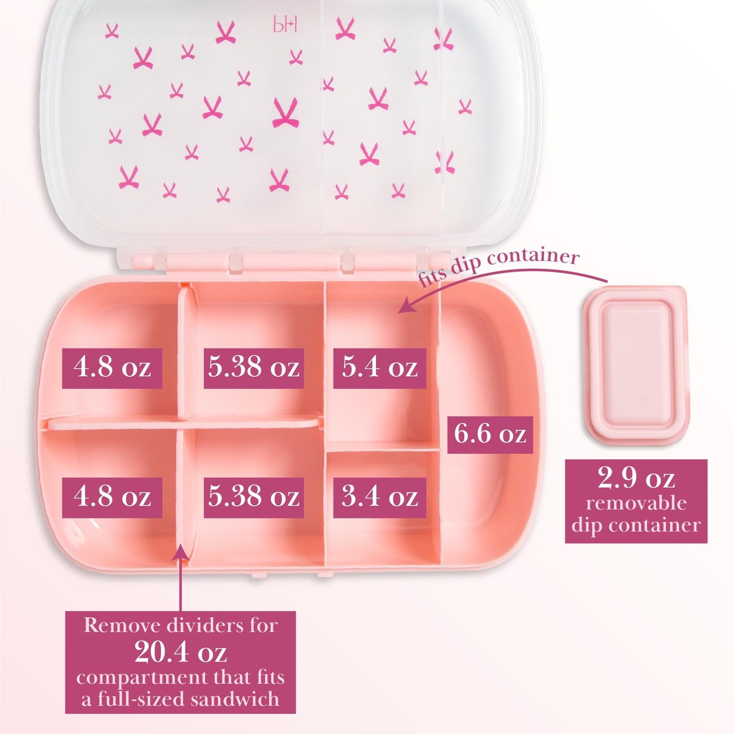 Paris Hilton 2-Pack Bento Style Snack Boxes, 7-Compartment Lunch Containers with Built-In Phone Stand, Removable Dividers and Dip Containers, Pink Bow Print