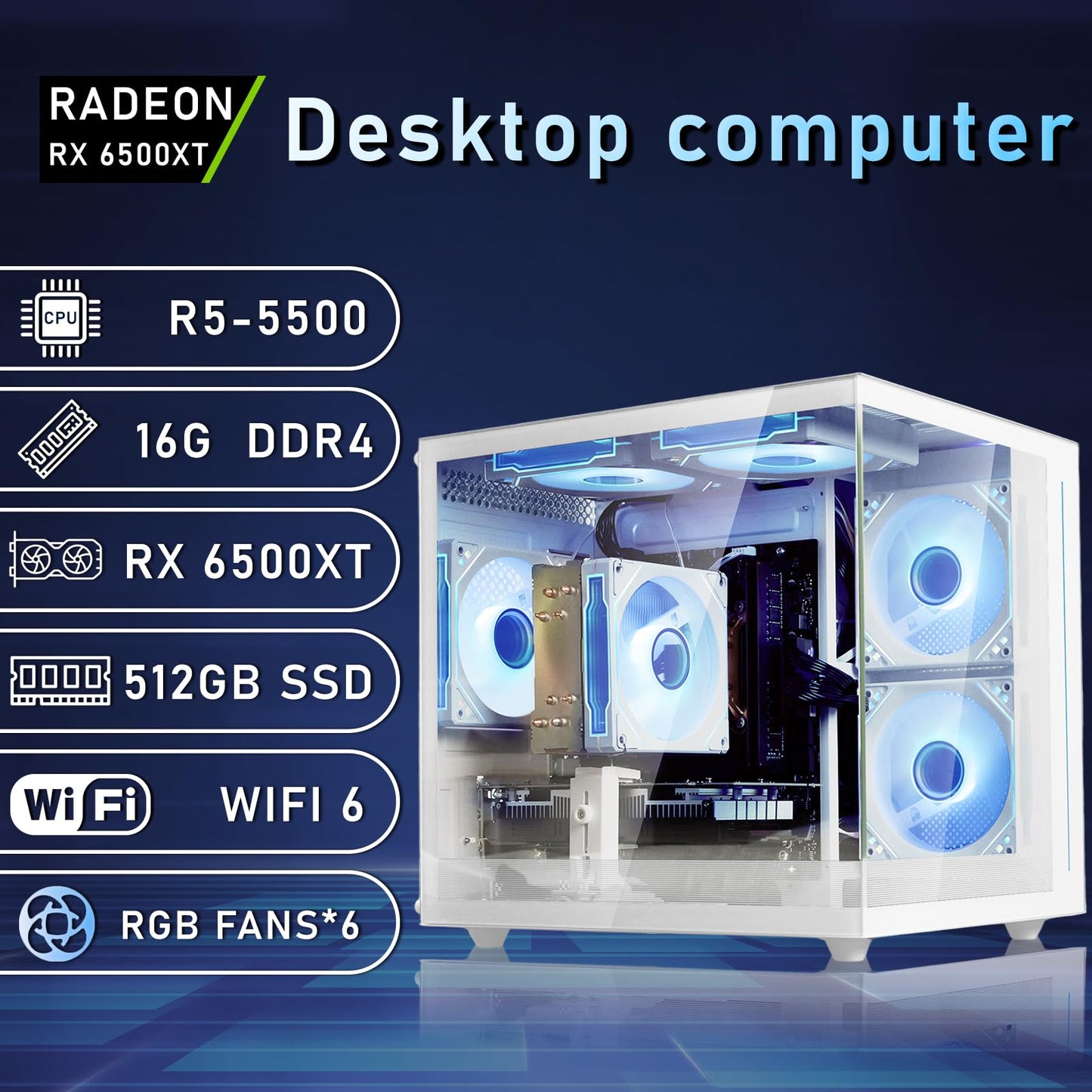 suevery Pre-Built Gaming PC | DDR4 16G RAM | AMD Ryzen5 5500 6Cores 3.6G Up to 4.1G | M.2 512G SSD | RX 6500XT 4G | WiFi 6 White Desk top Computers 4K Pro