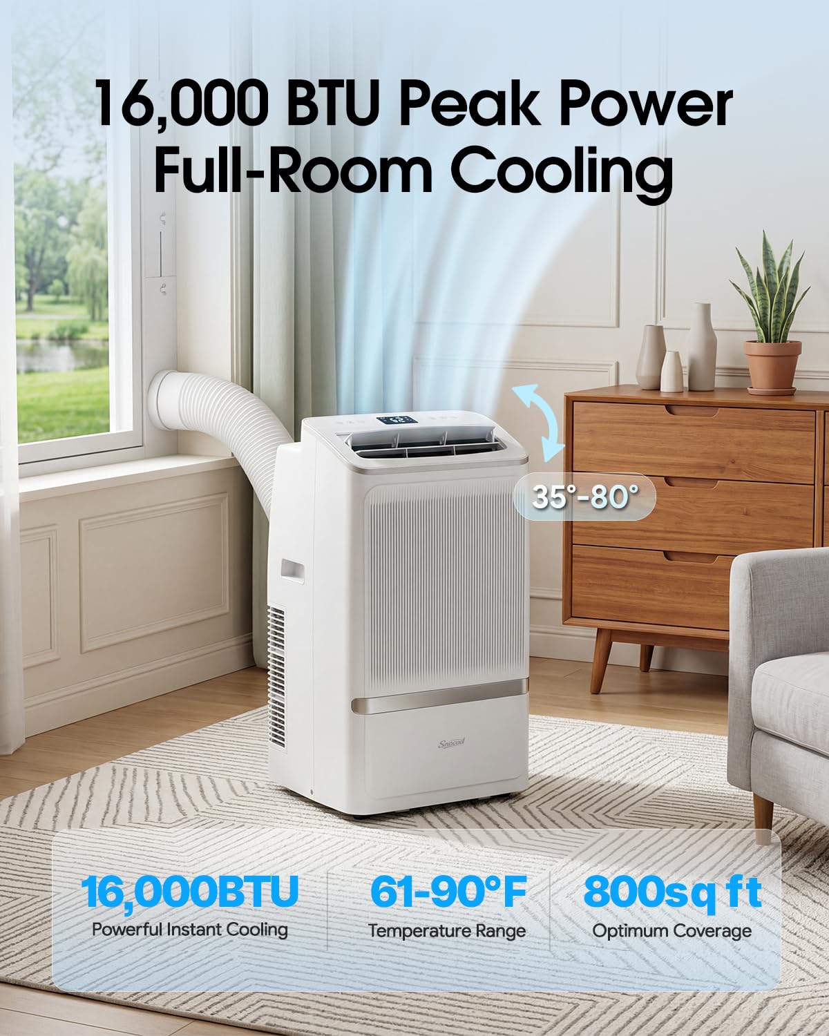 Snocod Portable Air Conditioners, 16000 BTU Cooling for 800 Sq ft, 5-in-1 with Drainage-Free Cooling, Fan, Dehumidifier, Sleep Mode, APP & Remote Control, Quiet 40 dB, Window Installation Kit