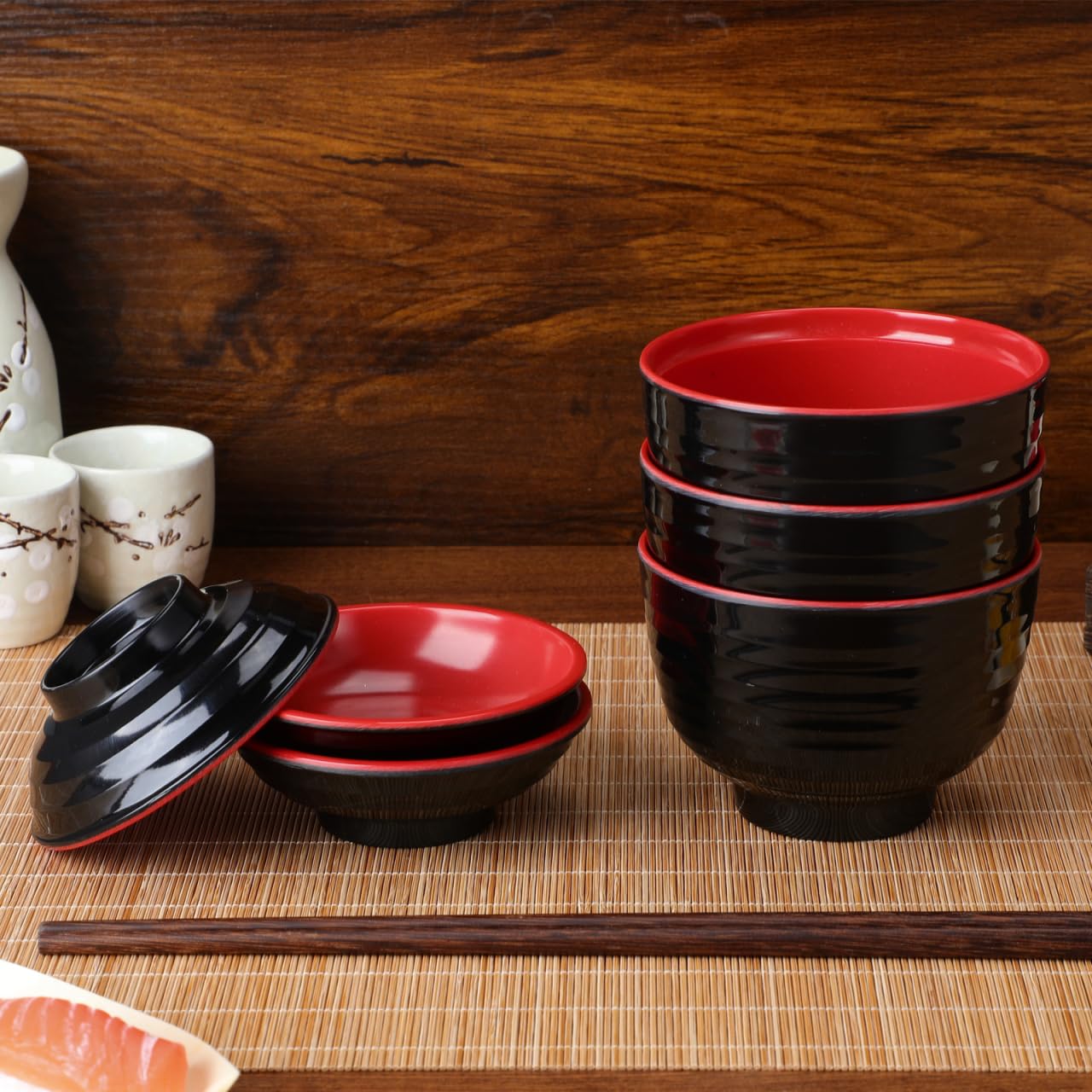 Luxshiny 3 Set Japanese Style Miso Soup Bowls Lids Bowls Hot Pot Rice Noodles Salad Traditional Lacquered Design Microwave Dishwasher Safe