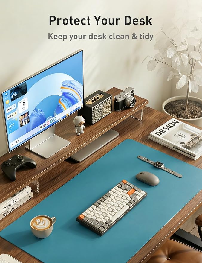 Aothia Faux Leather Desk Mat - Non-Slip PU Leather Desk Blotter, Waterproof Writing Surface, Large Desk Pad for Office & Home (Turquoise, 55" x 17")