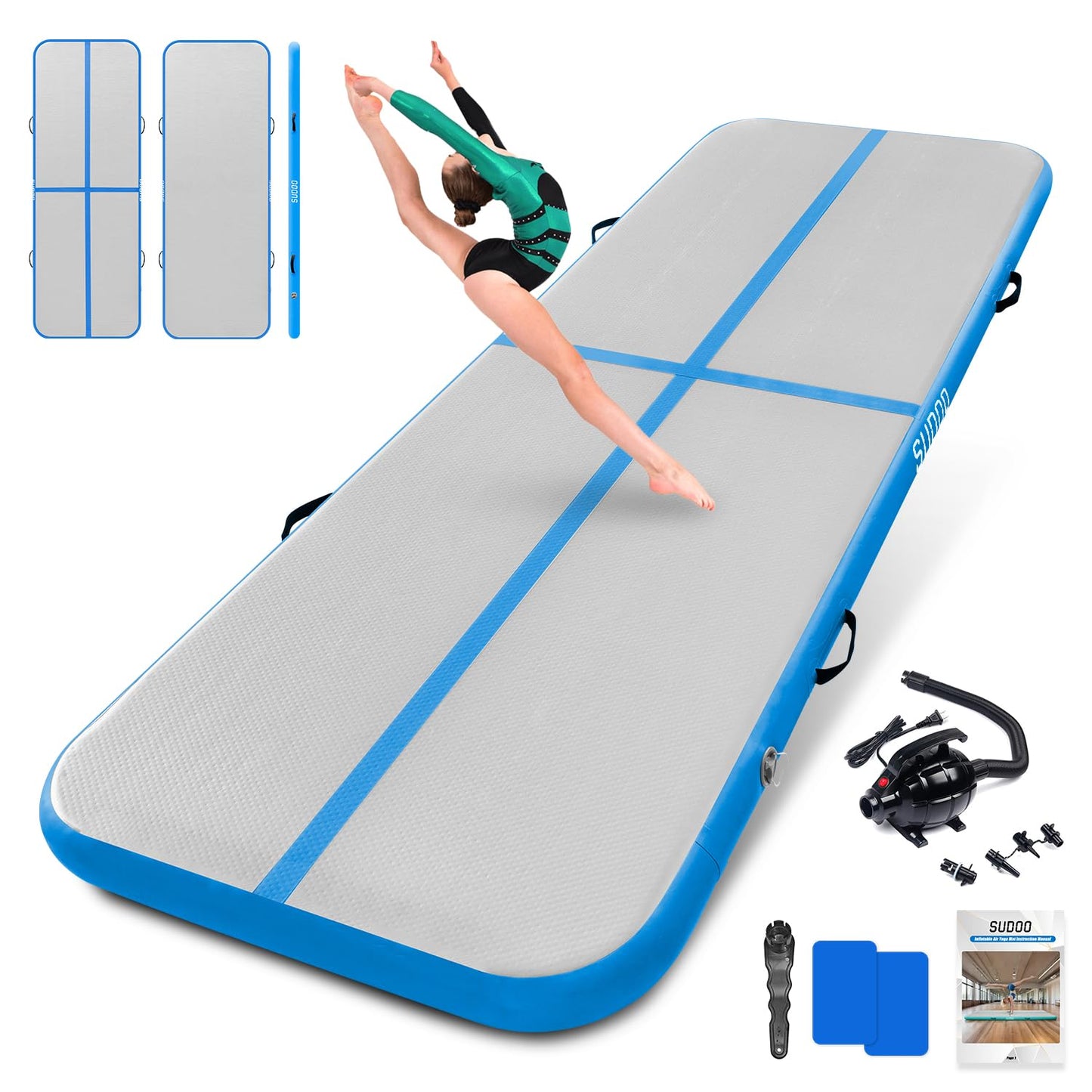 10ft Inflatable Gymnastics Tumbling Mat 4" Thick Air Tumble Track Gymnastics Training Mat with Electric Air Pump for Home Use/Tumble/Gym/Exercise/Training/Cheerleading/Yoga/Parkour/Beach/Park/Water