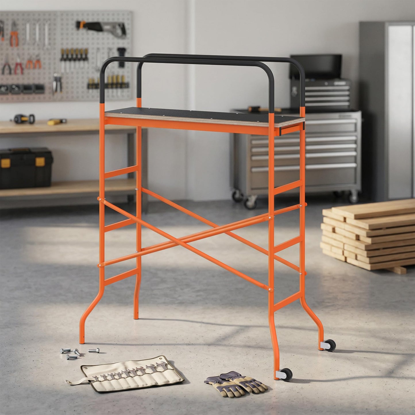 HOMCOM 4-Step Steel 4.6 x 2 x 6 ft. Scaffold 2 Wheels Free Moving for Indoor & Outdoor Decoration Anti-Skid, 440 Pound Capacity, Orange