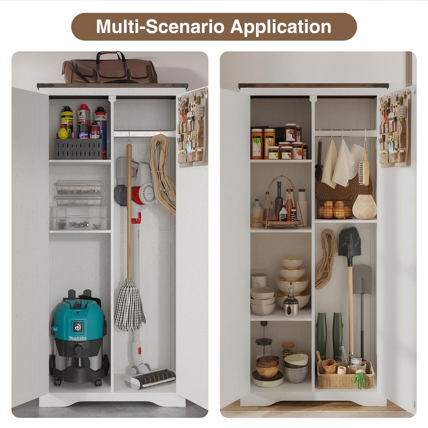 Befrases Farmhouse Storage Cabinet with Adjustable Shelves, Large Pantry Organize with 2 Barn Doors, Freestanding Cabinet for Kitchen, Garage, Basement, Living, Utility Room, Off-White