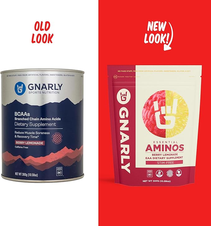 Gnarly Nutrition Essential Aminos Powder, Berry Lemonade ??Pre-Workout Amino Acids ??NSF Contents Certified ??Supplement to Support and Rebuild Muscle ??Berry Lemonade Caffeine Free, 10.58 oz