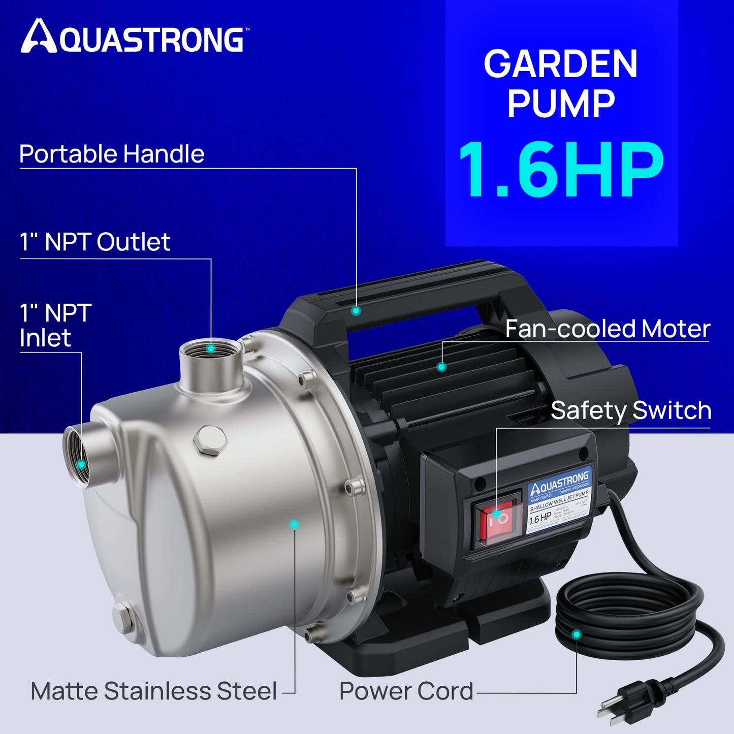 Aquastrong 115V Shallow Well Garden Pump, Stainless Steel, 1320 GPH, Water Transfer Draining Irrigation Sprinkler Pump, for Lawn,Garden,1.6 HP Portable