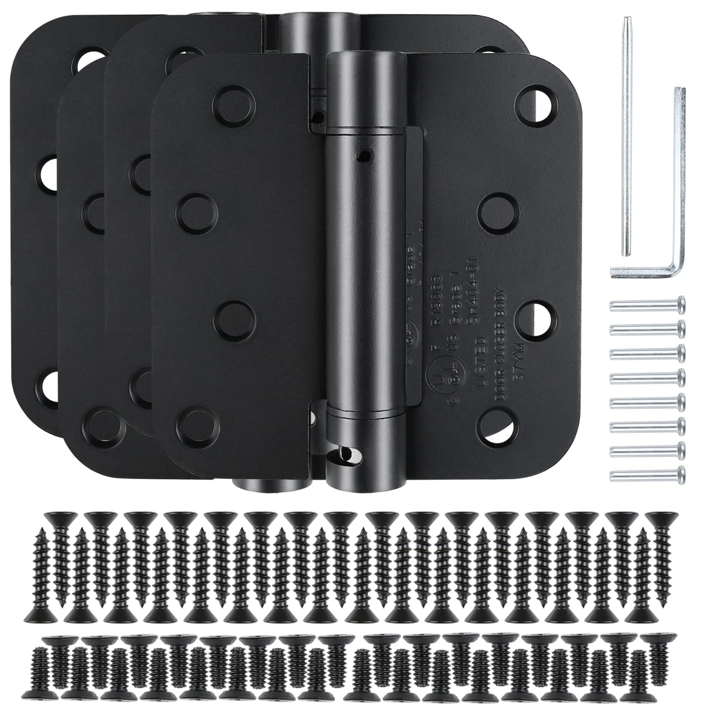 KIW Matte Black Modern 4x4x5/8 Steel Mortise Spring Hinges, 4 Pack, Self-Closing, Soft Close, 8 Holes, 1-3/4" Thick, Adjustable Tension