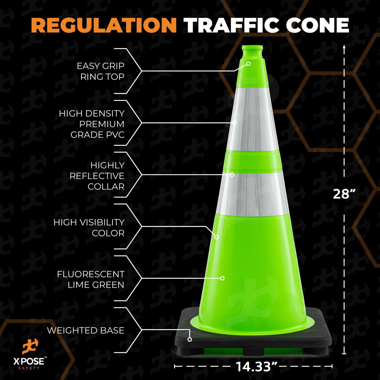 Xpose Safety 28” Lime Green Traffic Cone Dual 6" & 4" Reflective Collar – 6 Pack Multipurpose Premium PVC Safety Cone for Parking, Caution, Construction, Road Crews – Custom Stenciling Available