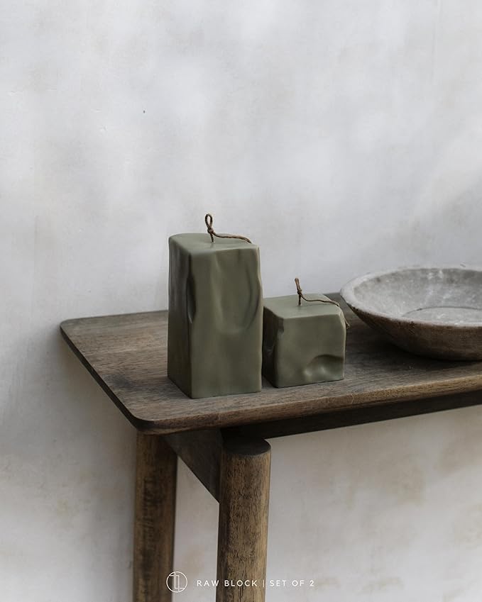 LAWA Raw Block Set of 2 Candle - Beautiful Handmade Pillar Scented Soy Wax Elegant Aesthetic Candle Housewarming Gift Home Room Shelf Decor Idea (Earthy Green, Set of 2)