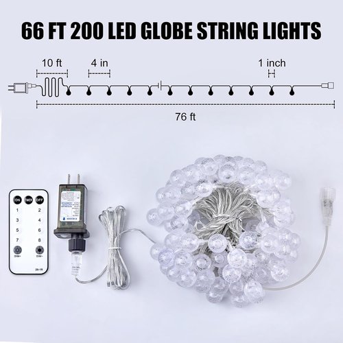 Minetom Crystal Globe String Lights - 66 ft 200 LED Waterproof Fairy Lights with Remote & Timer | Warm White Decor