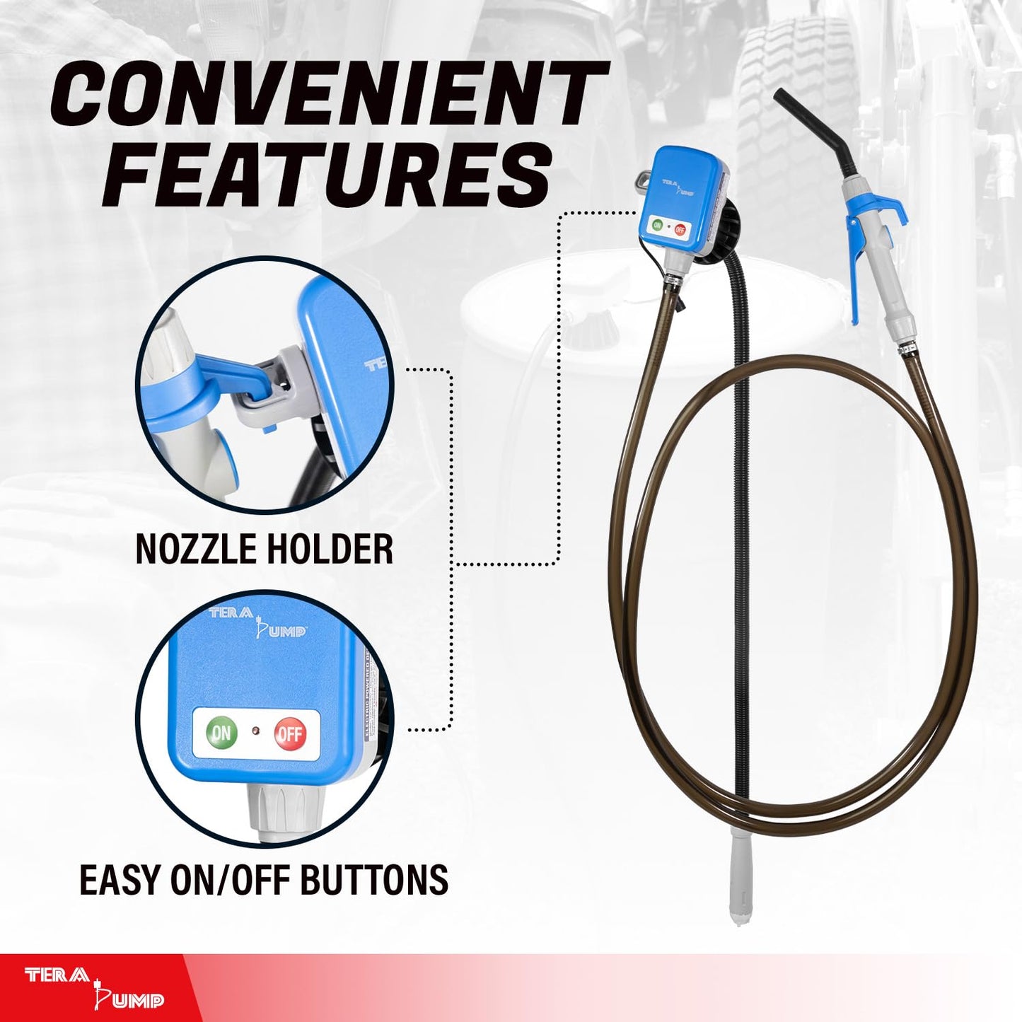 TERA PUMP - Large Automatic Electric Powered DEF Drum Pump with Flow Control Handle Nozzle for DEF, Antifreeze, Washer Fluid - 2.4 GPM Transfer Rate w/ 9.8ft Vinyl Hose and Screw On Bung Adapter