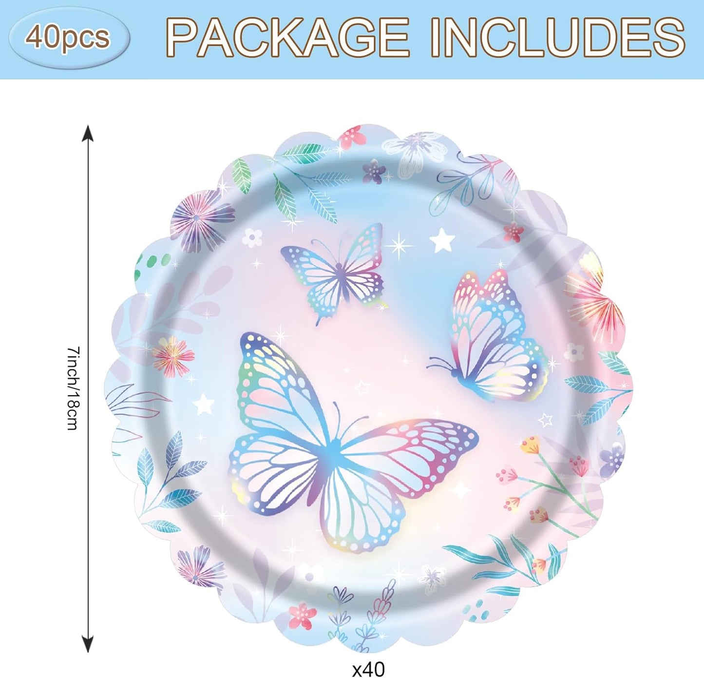 Skiennix 7-Inch Butterfly Paper Plates - 40 Count Disposable Dessert Plates for Birthday Parties & Baby Showers