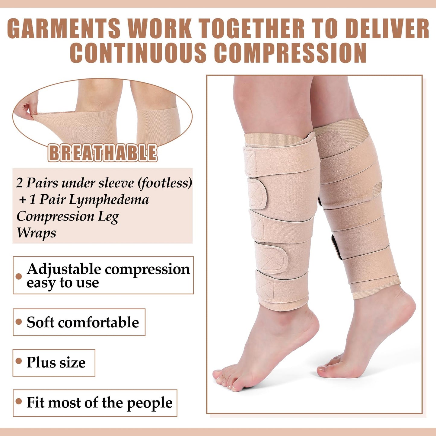 Croknit 3 Pairs Lymphedema Compression Leg Wraps Adjustable Lower Leg Cover up Medical Shin Splint Wrap for Heaviness Fatigue (Complexion)