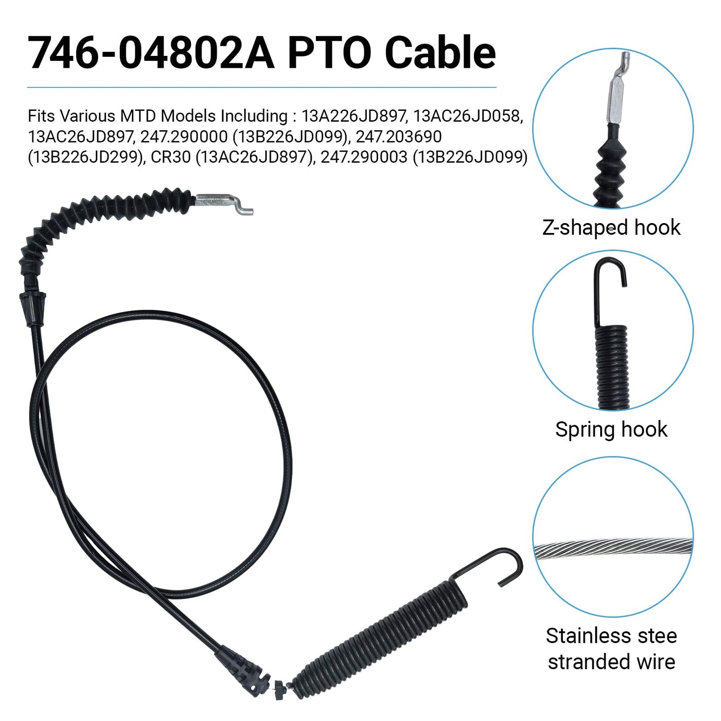 GnDaYoug 946-04802A PTO Control Clutch Cable, Replaces 746-04802 946-04802 746-04802A, Fits for MTD Troy-Bilt Cub-Cadet Craftsman Lawn Mower, 44 Inch Overall Length, 36 Inch Conduit