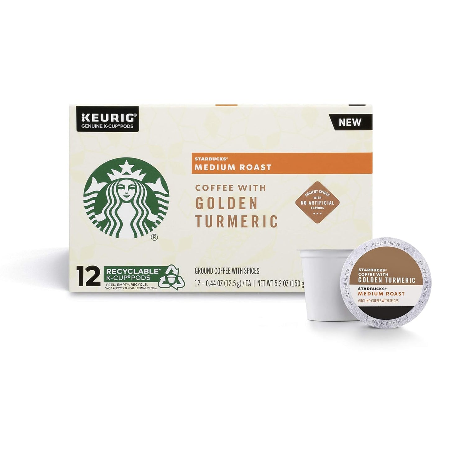 Starbucks Medium Roast K-Cup Coffee Pods - Golden Turmeric Flavor | 4 Boxes (48 Pods Total)
