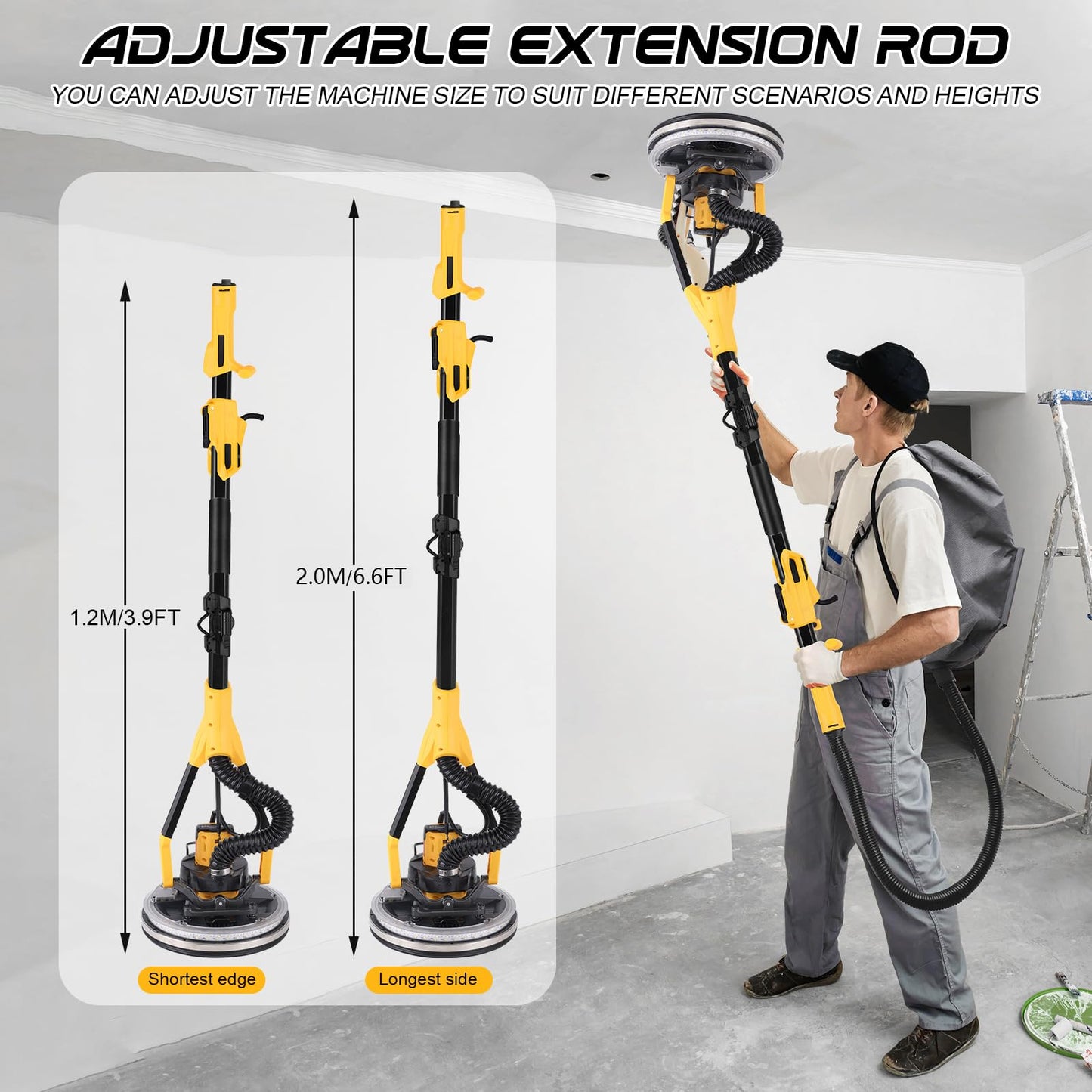 Gyfent Brushless Drywall Sander, 1200W 10-Amp Popcorn Ceiling Removal Tool with 800-2200RPM 8 Variable Speed 12pcs Sanding Discs Drywall Sander with Vacuum Dust Collector LED Light for Ceiling Sanding