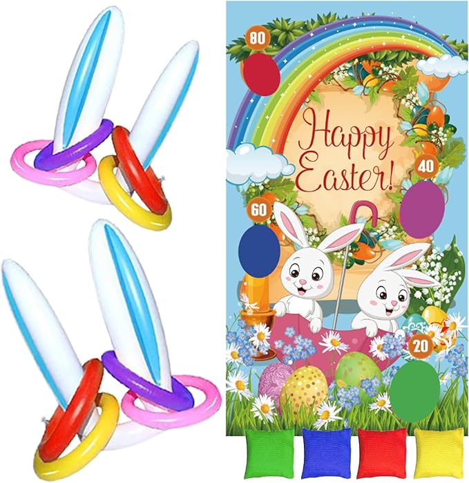 Easter Toss Game with 4 Bean Bags and 2 Pack Easter Inflatable Bunny Rabbit Ears Ring Toss Party Games Indoor Outdoor Family Party Supplies Carnival Game