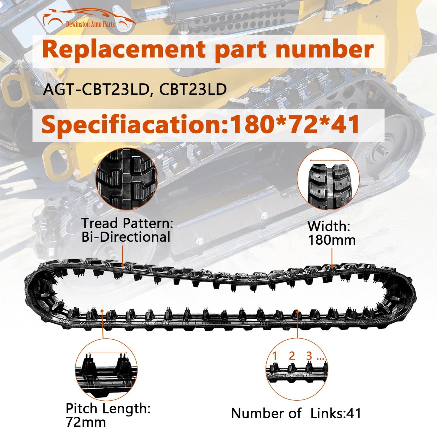 Dewinston Heavy Duty Rubber Track 180x72x41 Compatible with AGT CBT23 and CRT23, Fits for Hitachi, Fits for Vermeer, Fits for Vermeer, for Mini Skid Steer Mini Excavator Replace# AGT-CBT23LD CBT23LD