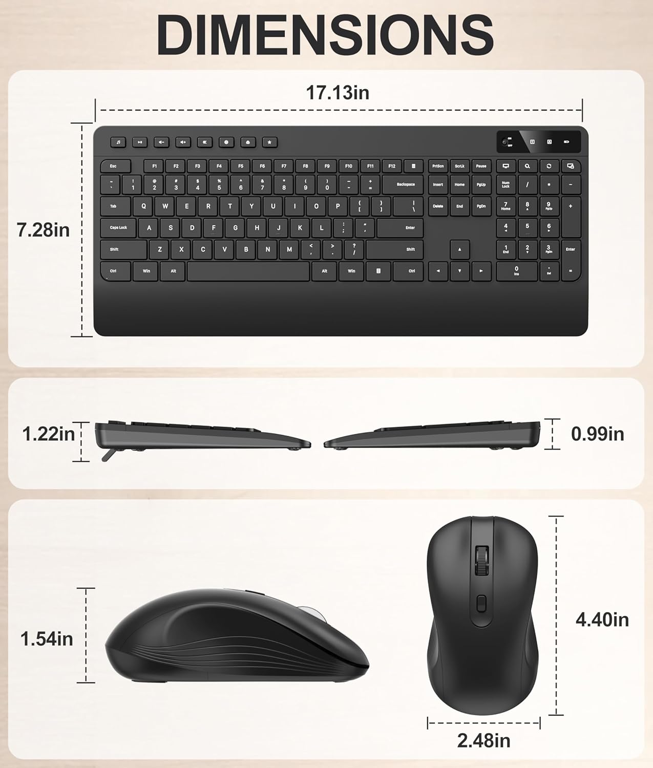 Hamile 3-Level 2.4GHz Quiet Wireless Keyboard and Mouse Combo DPI Silent Mouse, Full-Size Ergonomic Wrist Rest