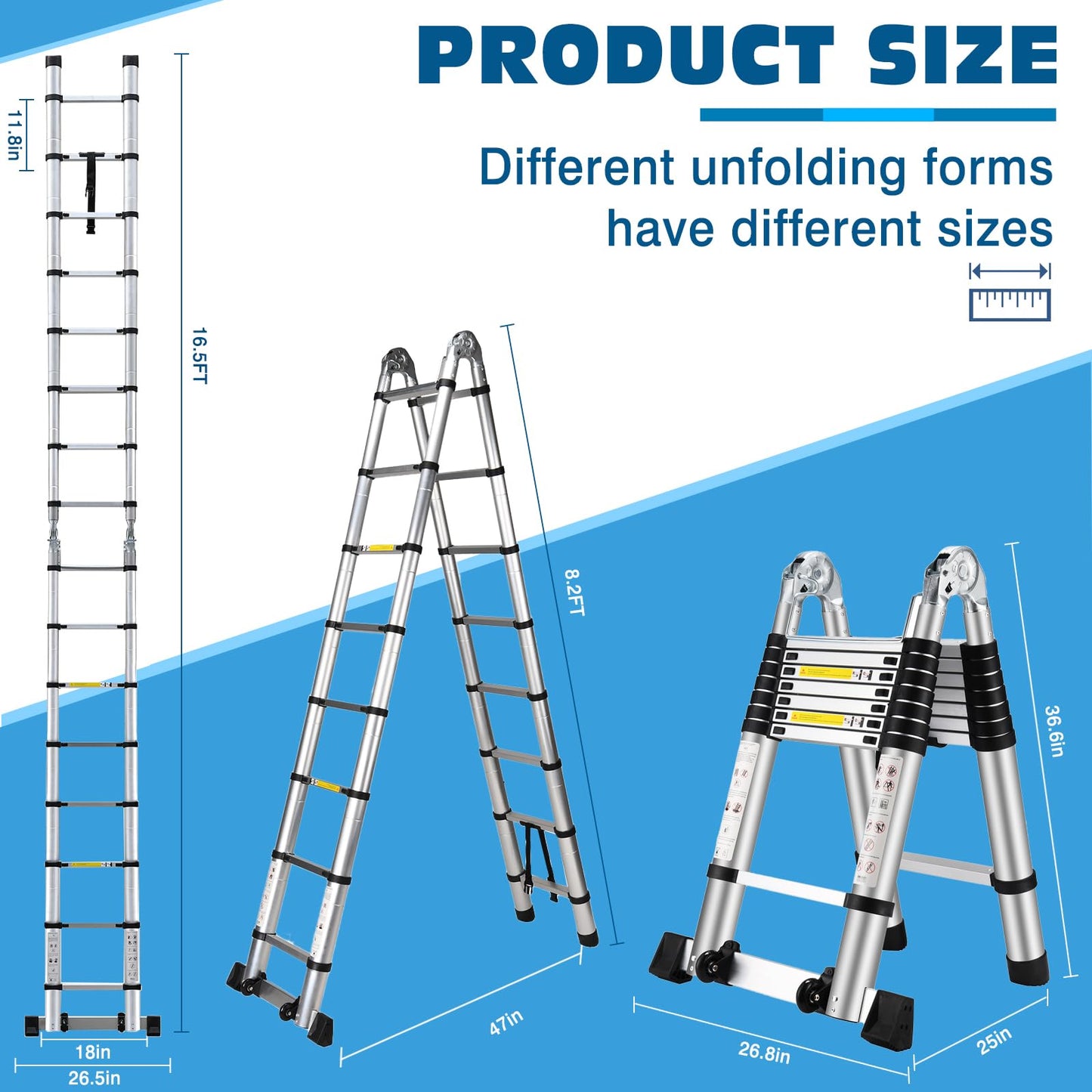 Wolec 16.5 FT A Frame Telescoping Ladder, Adjustable Multi-Purpose Collapsible Extension w/Balance Bar & Wheels, Heavy Duty 330 lbs Max Capacity, Ideal for Home and Outdoor Work, Silver