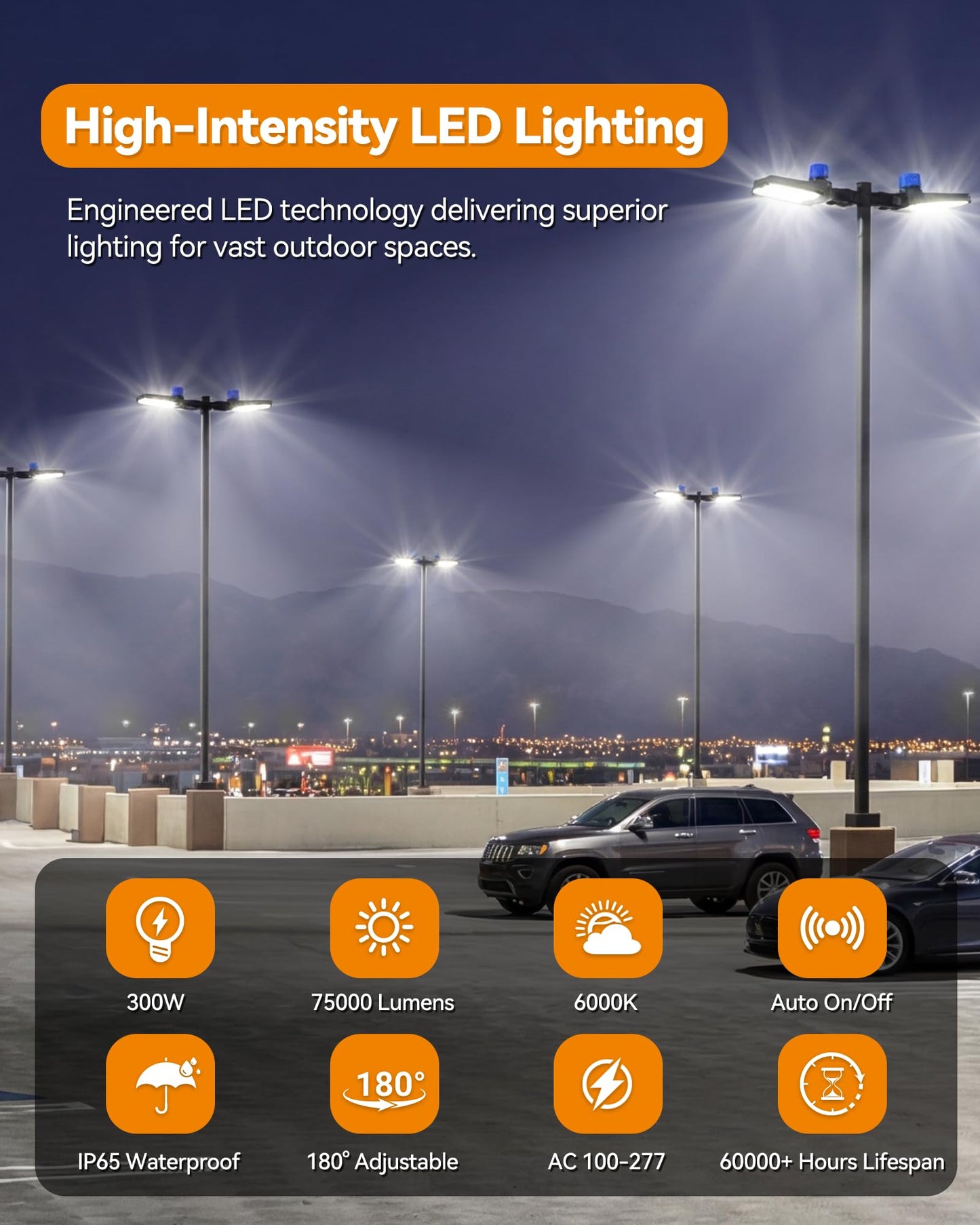 300W LED Parking Lot Lights 75000LM Street Light, 6000K Dusk to Dawn Outdoor Lights Commercial Area Lighting for Parking Lot Street Roadways Driveways Warehouse Factory 13 Years Lifespan, 2 Pack