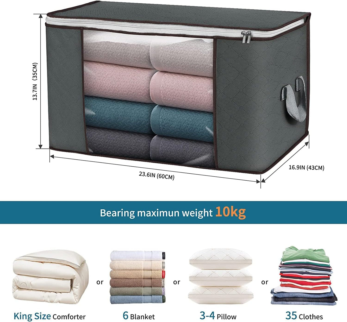 Skiennix Large Storage Bags - 8 Pack Foldable Closet Organizers with Durable Handles | 90L Gray