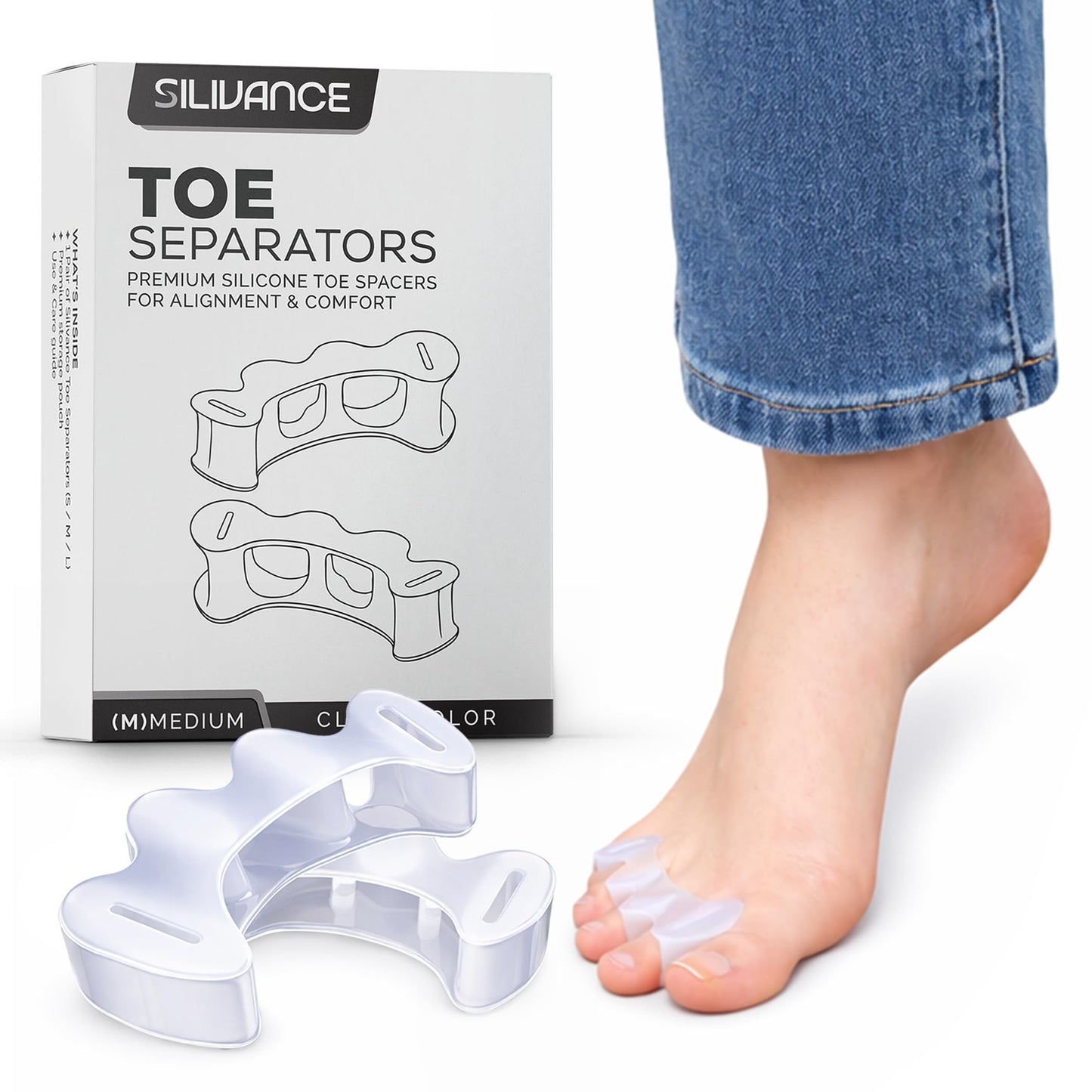 Silivance Toe Spacers for Foot Alignment – Bunion Corrector & Toe Separator for Pain Relief, Natural Toe Splay & Posture Support – Medical Grade Silicone (Medium)