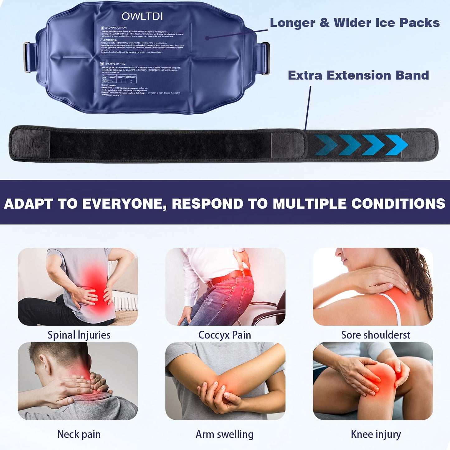 OWLTDI Ice Packs Soft Flexible Gel Pack for Injuries Reusable Cold Hot Therapy for Shoulder Knee Back Elbow Leg Hip Arm for Muscle Relief & Recovery 17.5'' x 9.5'' Navy Blue