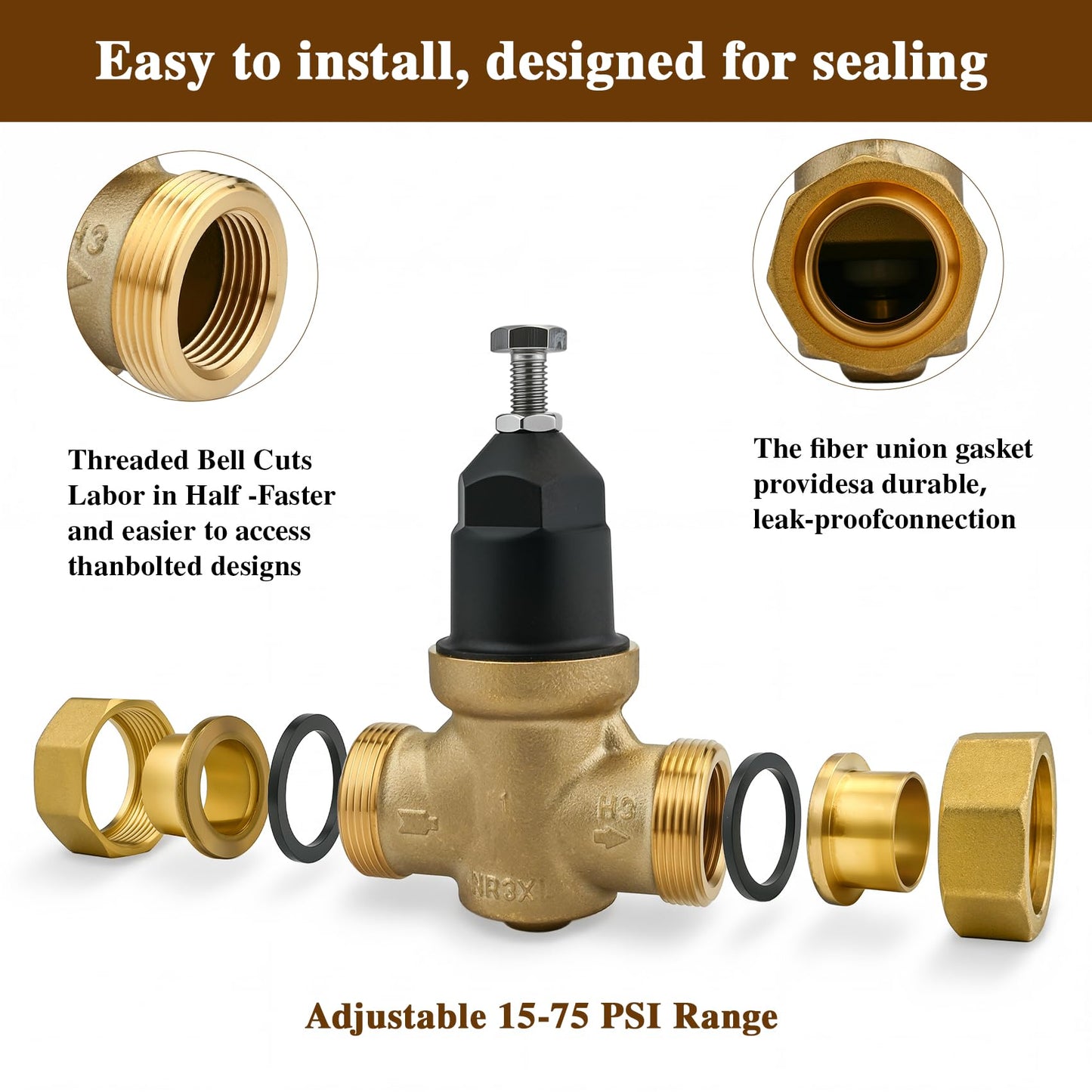 1" NR3XLDU Water Pressure Reducing Valve, 1" NR3XL with Double Union FNPT Connection, No Lead Water Pressure Regulator for Home & Commercial Use