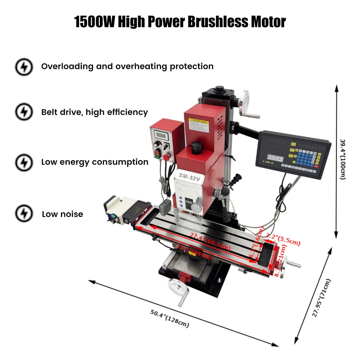 WYDDDARY 110V Mini Precision Milling and Drilling Machine 2HP Brushless, with 33.1"×8.3" Work Table, R8 Spindle 50-2250RPM, X-Axis Power Feed & 3-Axis DRO for Metal Wood DIY
