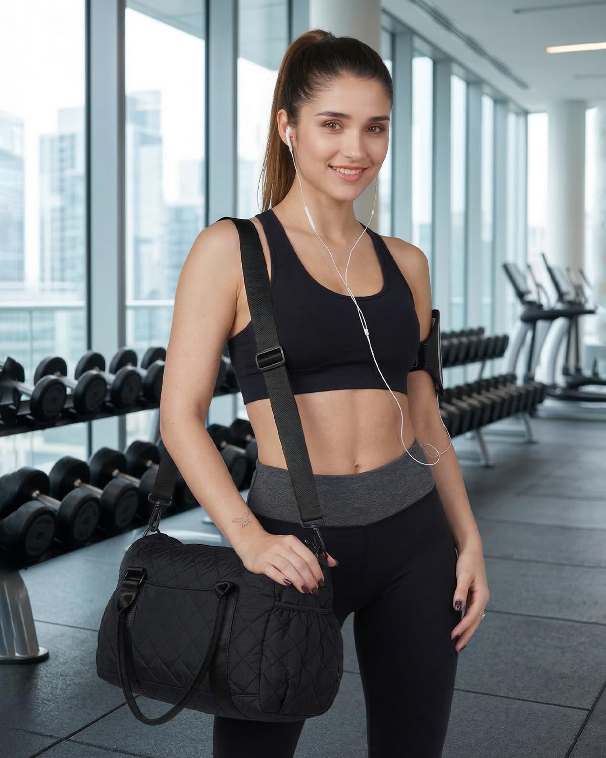 KUIRAN Gym Bag for Women with Yoga Mat Holder, Small Mini Gym Tote Bag Puffy Quilted Lightweight Sports Duffel Bag with Wet Compartment for Dance Yoga Workout Travel - Black