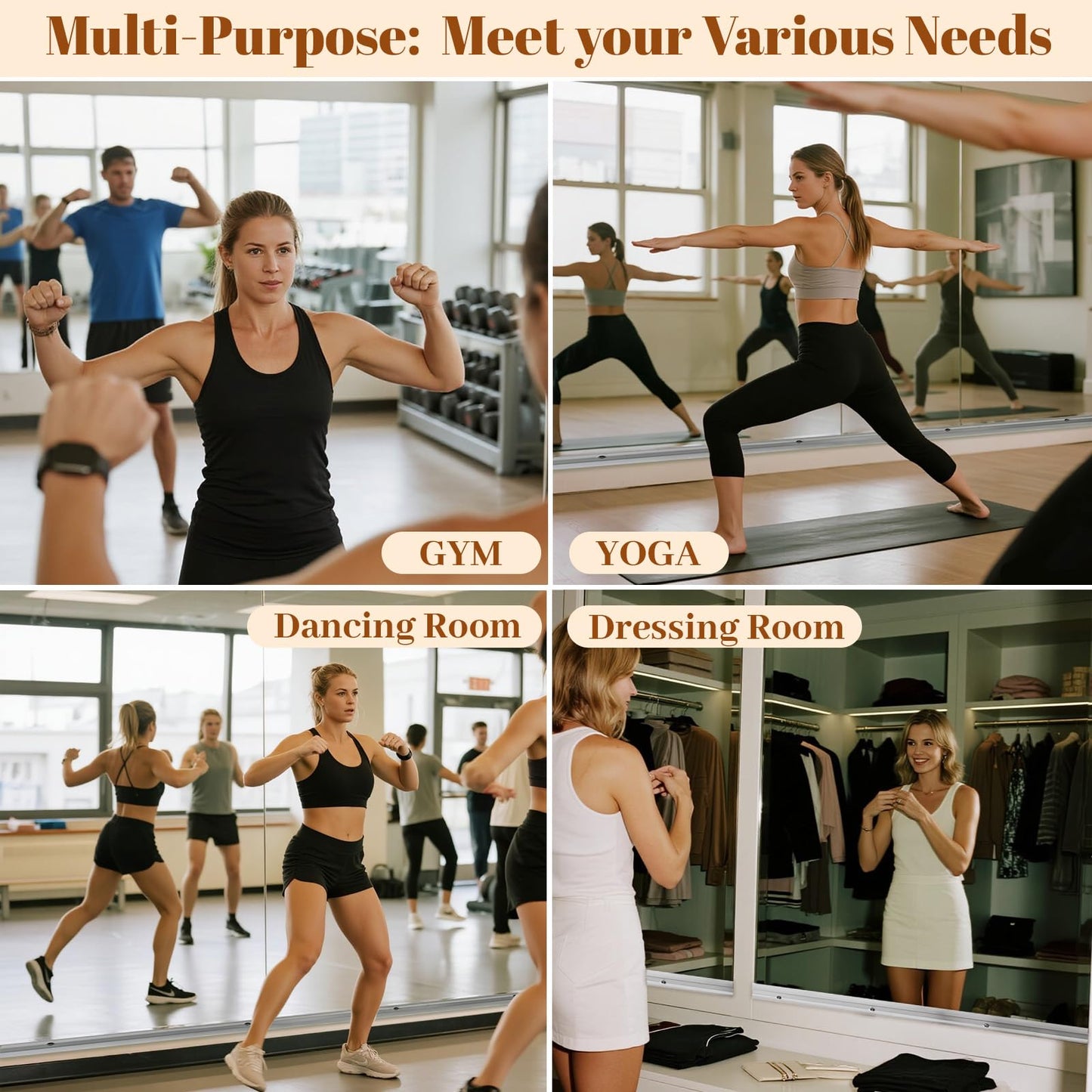 VooBang Home Gym Mirror - 3 PCS 16×56 inches, Large Frameless Wall Mounted Full Length Body Mirror for Dancing Studio, Exercise, Fineness, Yoga, Tempered Glass