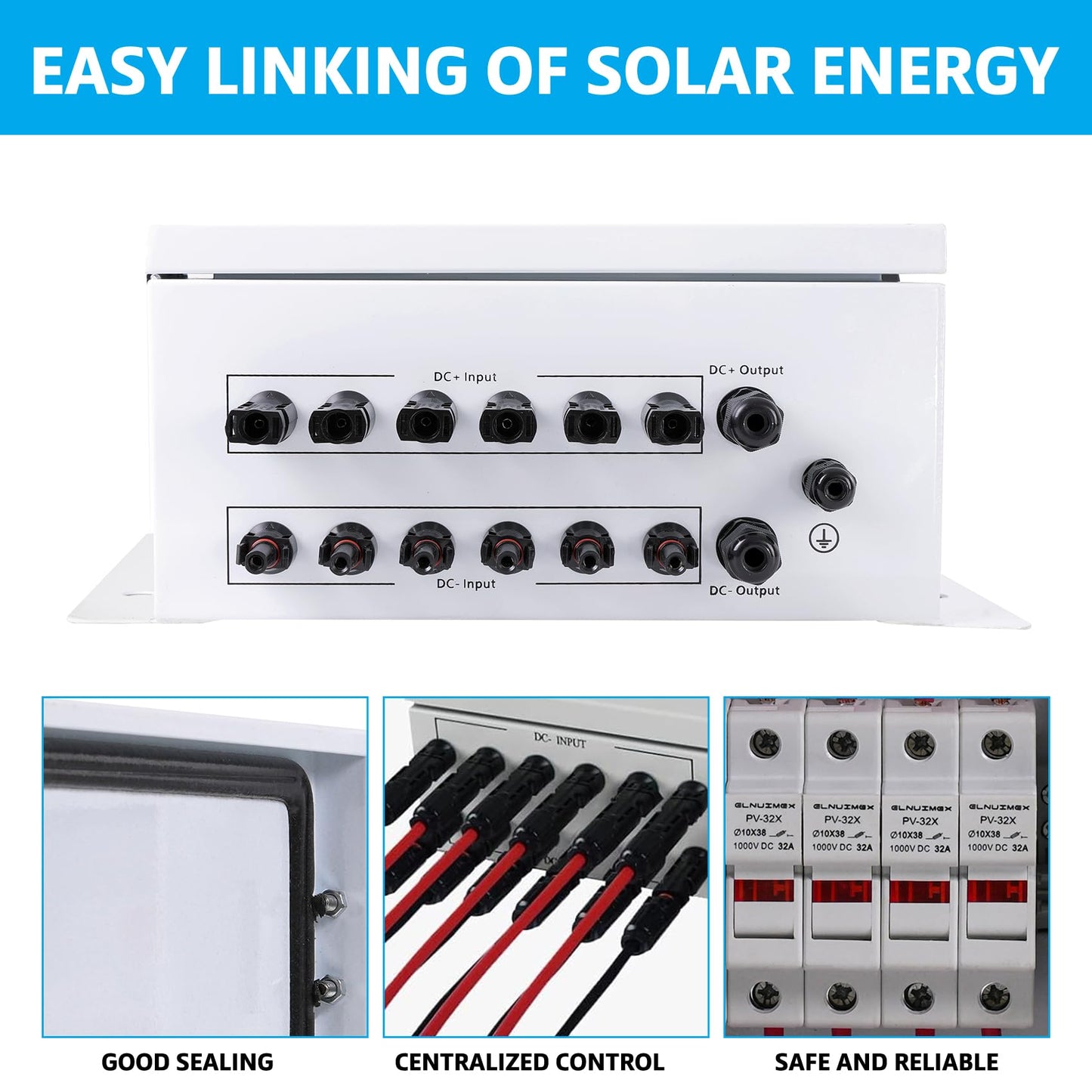 Elnuimex 6 String Metal Solar Combiner Box, PV Combiner Box with 20A Rated Current Fuse, Surge Protective Device & 63A Air Circuit Breaker (6 String)