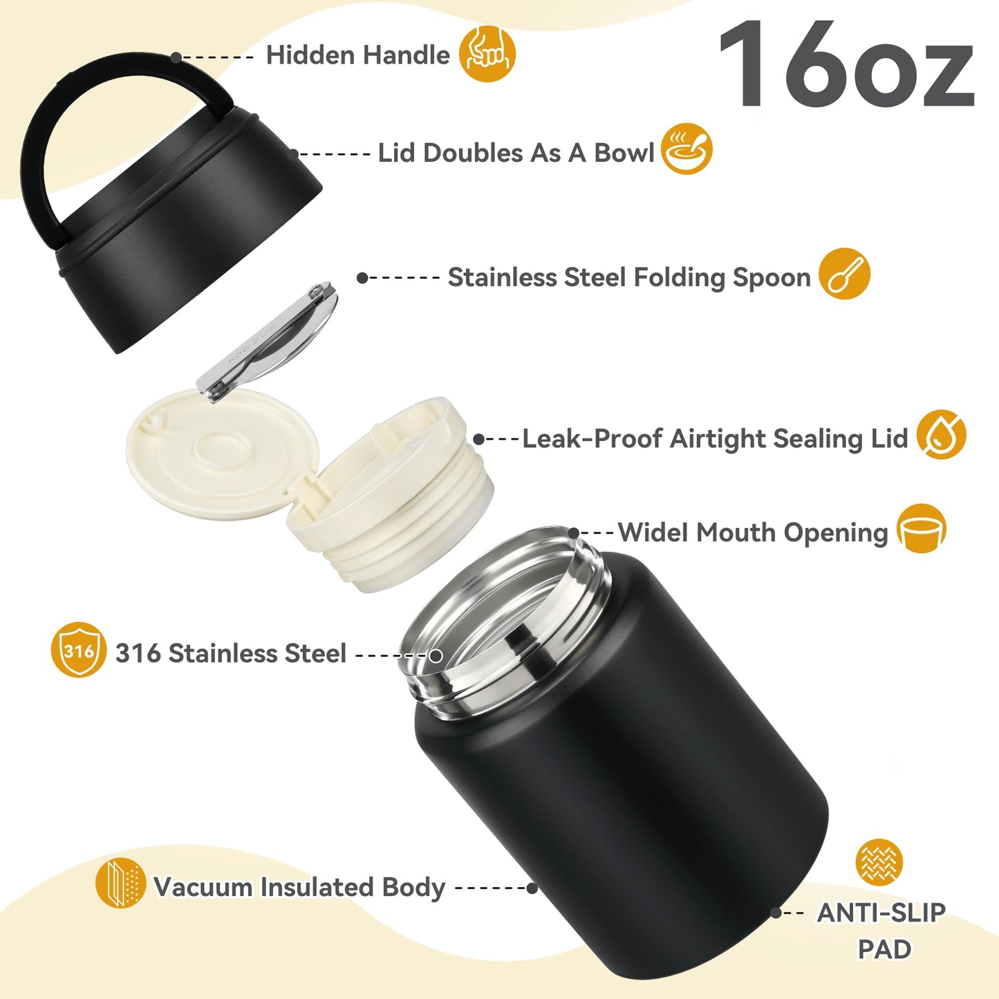 HAWEEK Soup Thermo for Hot Food Kids 16oz Insulated Food Jar Leakproof Thermo Lunch Container for Kids Wide-Mouth Stainless Steel Lunch Box for School with Handle Folding Spoon(3+)