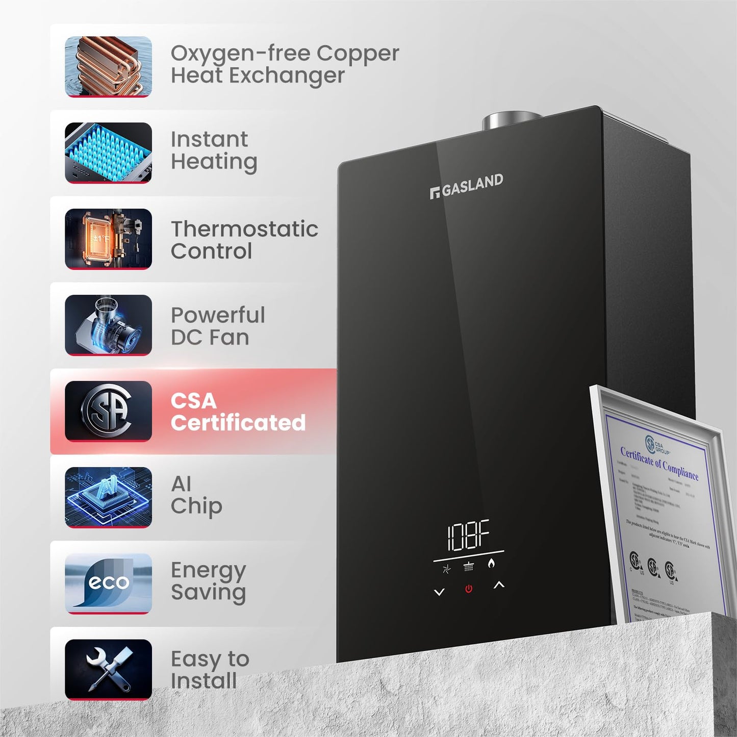 GASLAND Gasmart E 199,000 BTU Tankless Water Heater, Up to 7.6 GPM, CSA Certified Whole House Natural Gas Indoor Installation Residential On-demand Instant Hot Water Heater, CE686NG