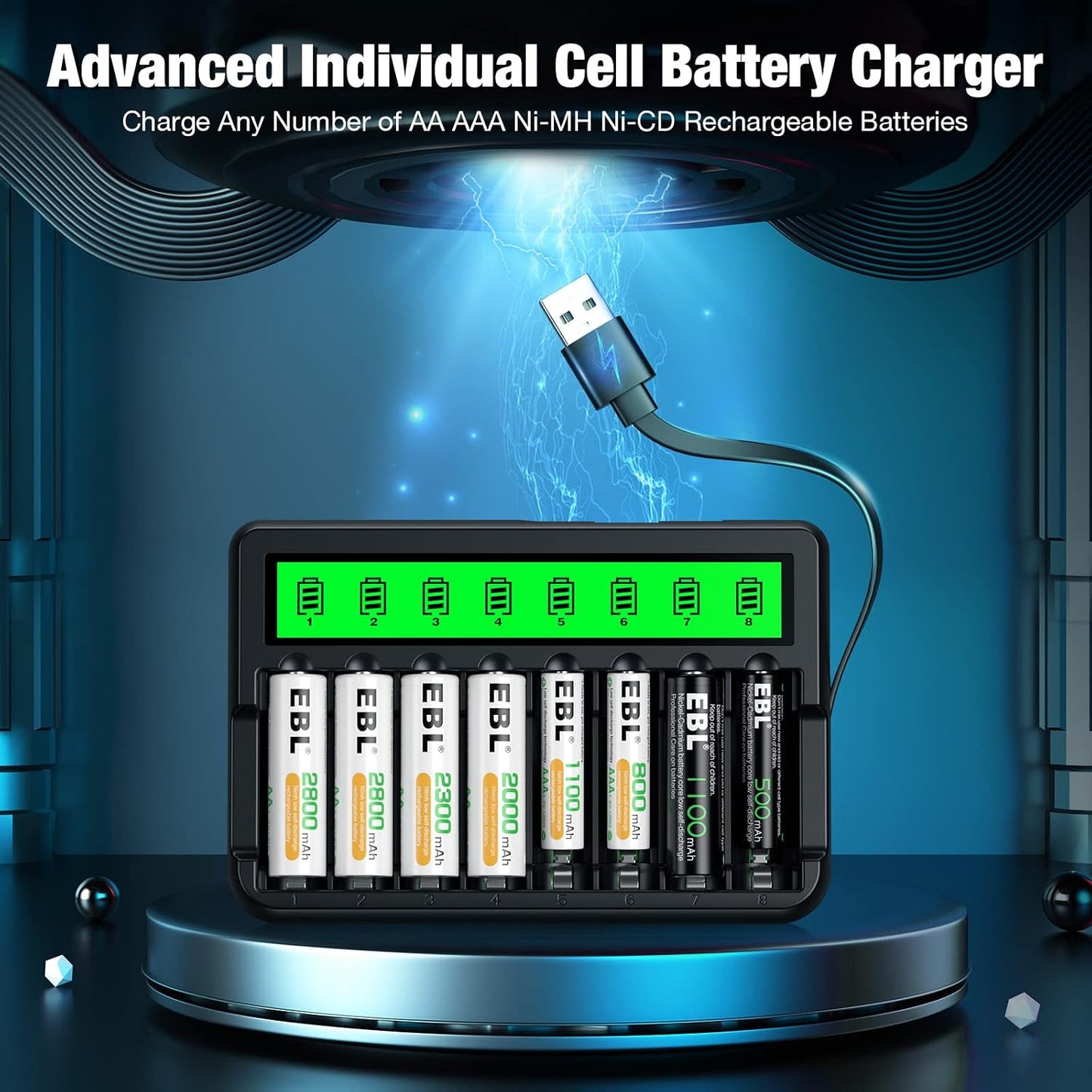 EBL 8 Pack 2300mAh 8-Bay Rechargeable AA Batteries and Battery Charger with Built-in Charging Cable, Ni-MH Duable A